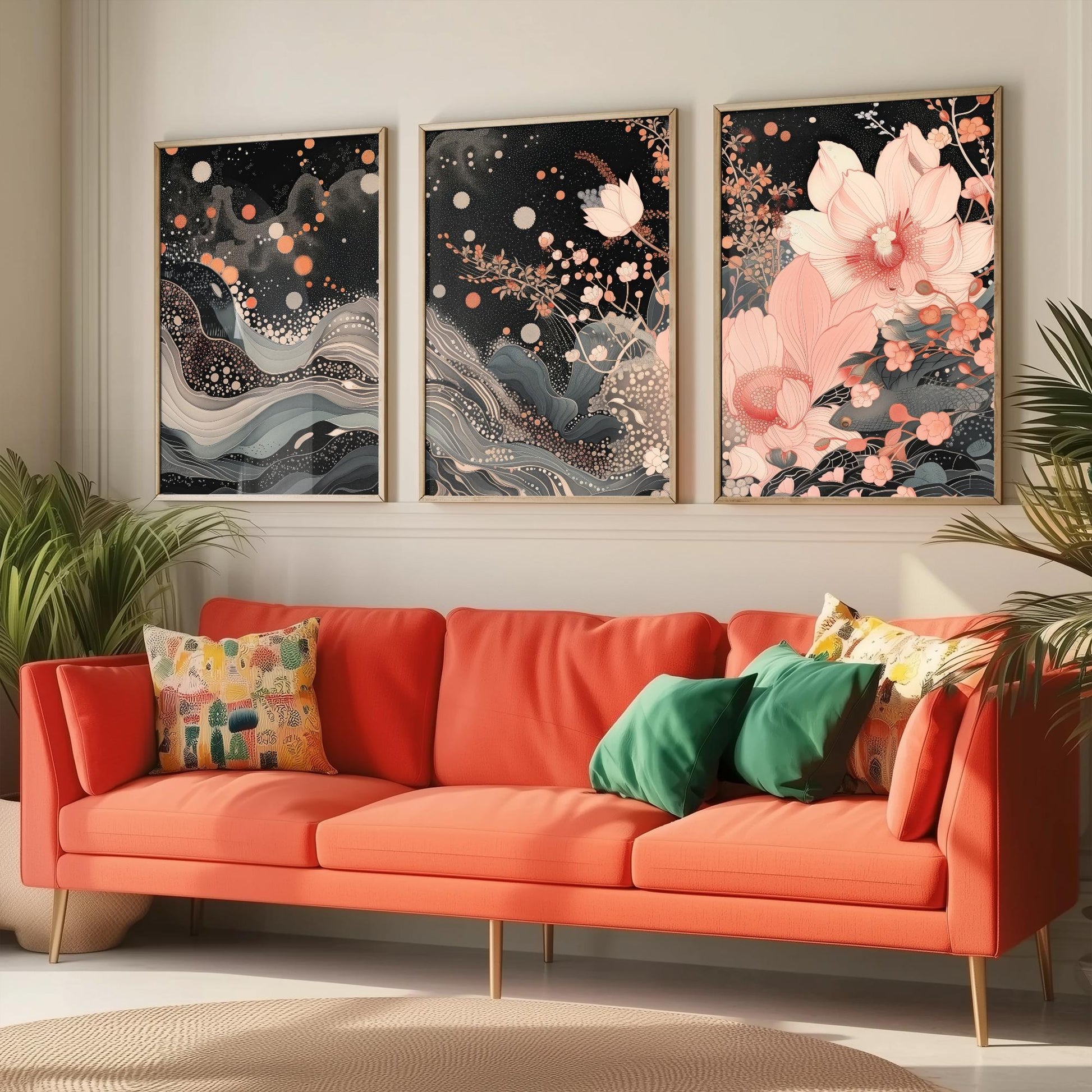 Pink Grey Lotus Set of Three Art Prints - 3 Sparkle Flower Marbled Wave Panels - Japanese Boho Poster Illustration Gift