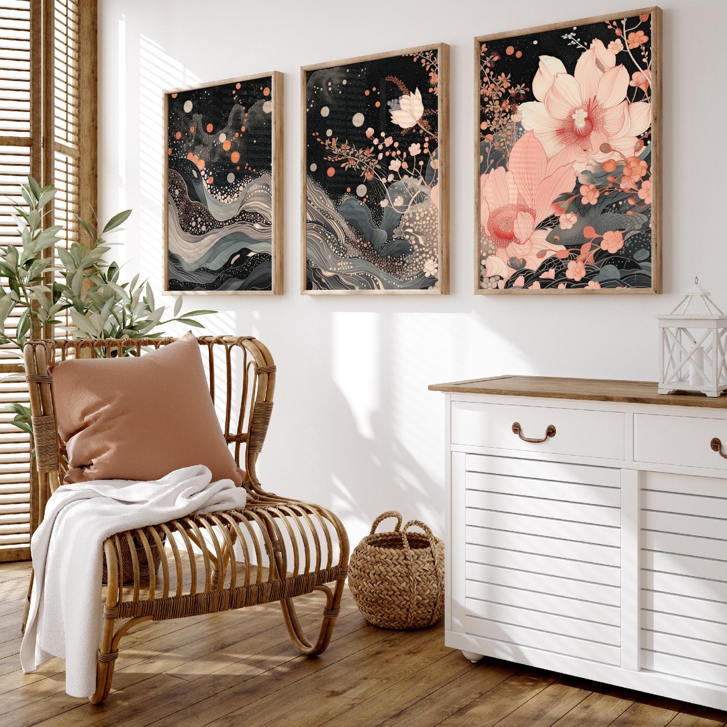 Pink Grey Lotus Set of Three Art Prints - 3 Sparkle Flower Marbled Wave Panels - Japanese Boho Poster Illustration Gift