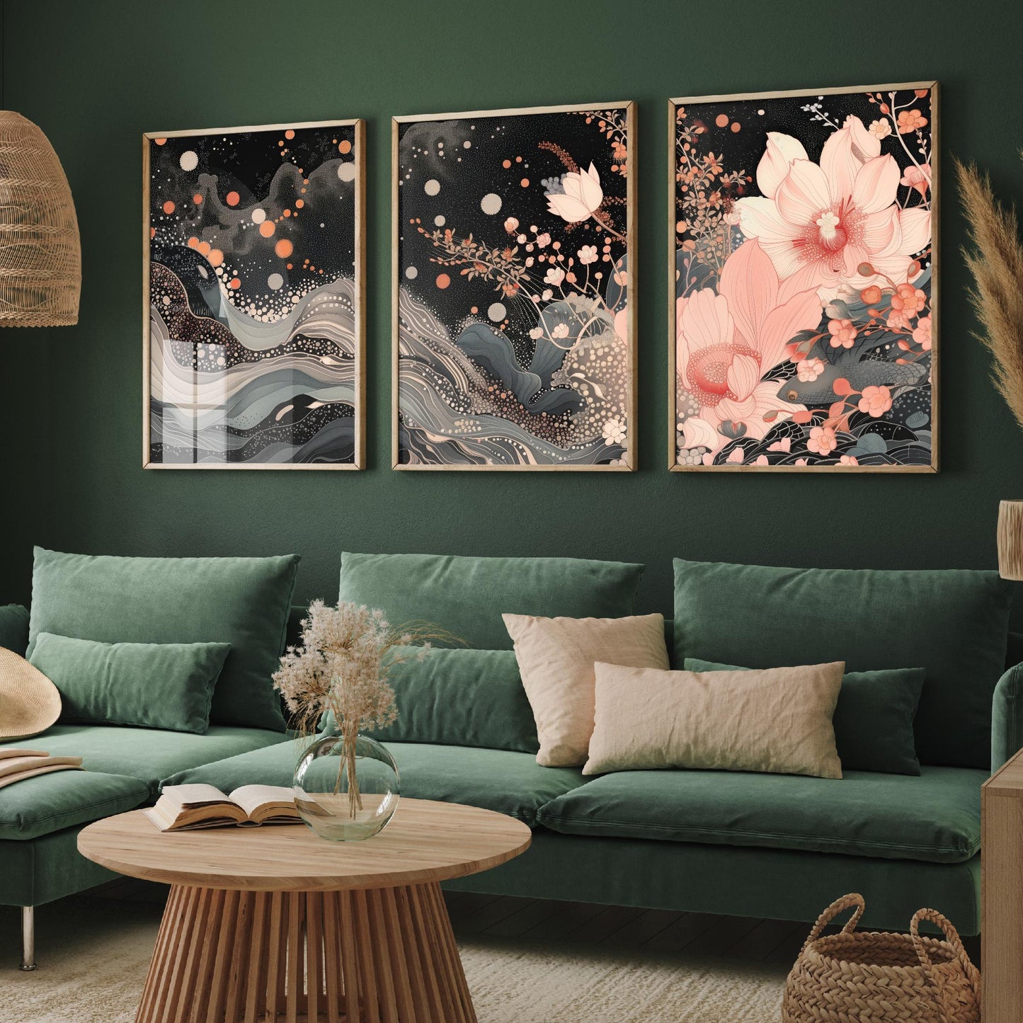 Pink Grey Lotus Set of Three Art Prints - 3 Sparkle Flower Marbled Wave Panels - Japanese Boho Poster Illustration Gift
