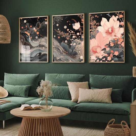 Pink Grey Lotus Set of Three Art Prints - 3 Sparkle Flower Marbled Wave Panels - Japanese Boho Poster Illustration Gift