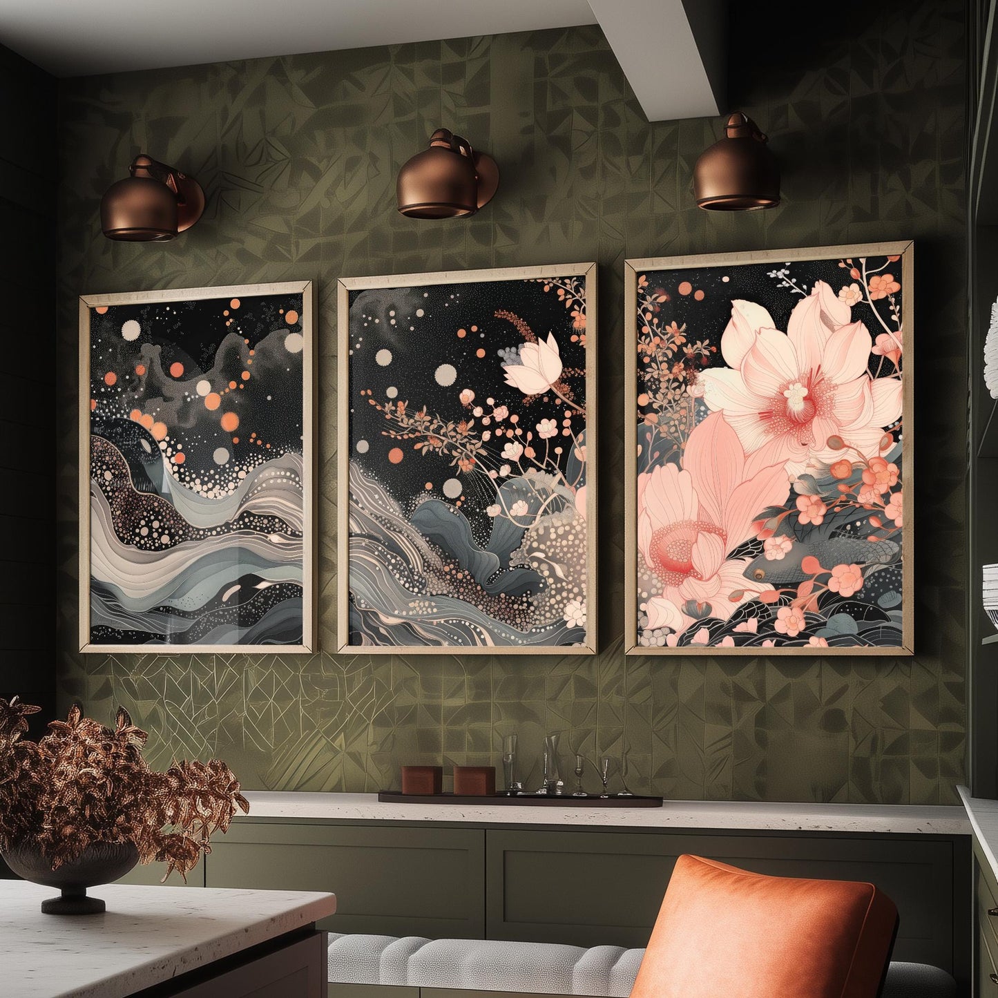Pink Grey Lotus Set of Three Art Prints - 3 Sparkle Flower Marbled Wave Panels - Japanese Boho Poster Illustration Gift