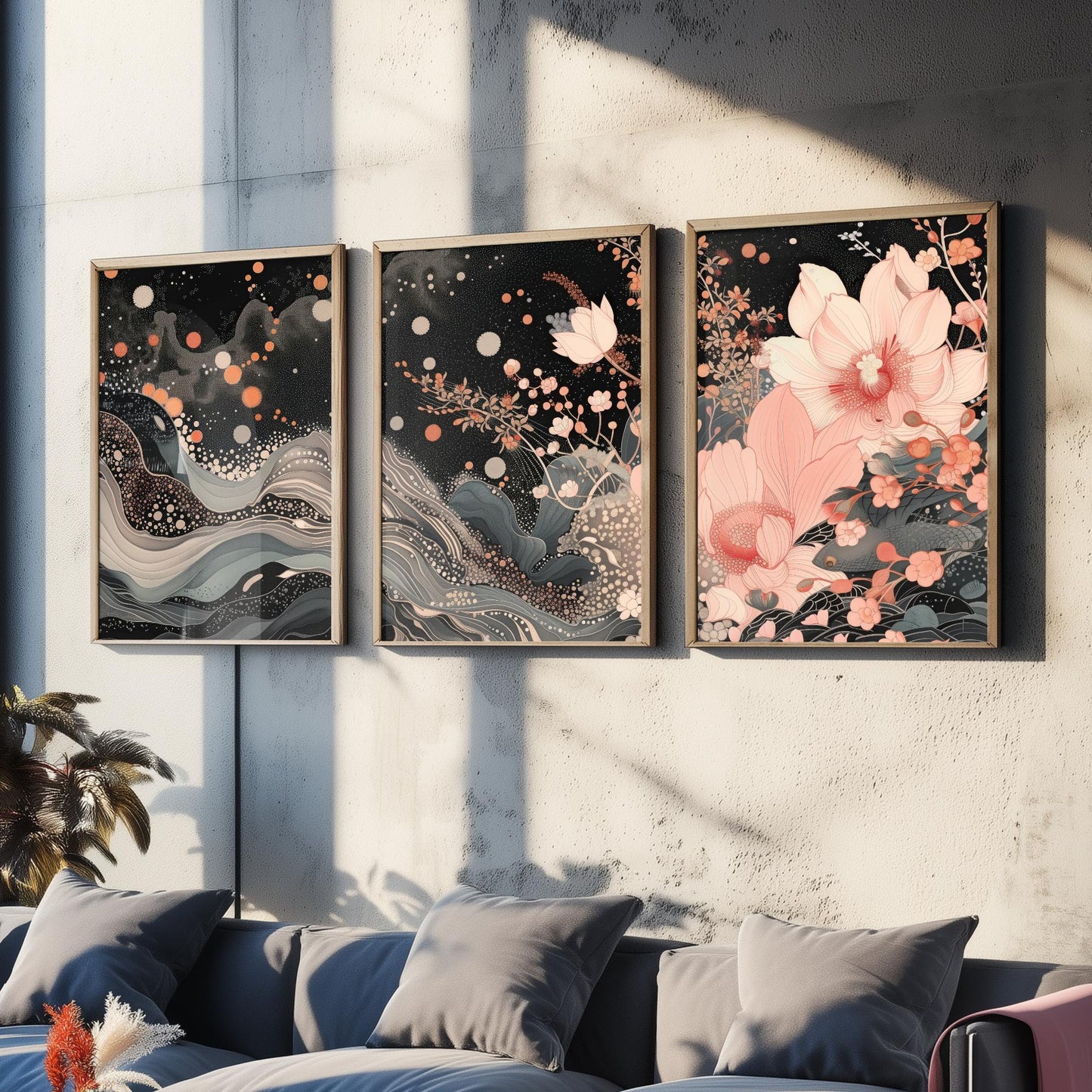 Pink Grey Lotus Set of Three Art Prints - 3 Sparkle Flower Marbled Wave Panels - Japanese Boho Poster Illustration Gift