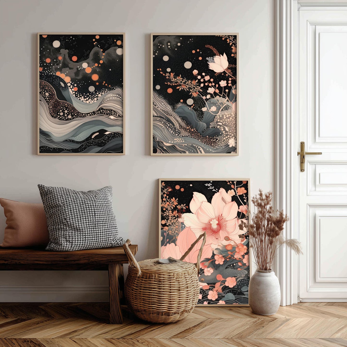 Pink Grey Lotus Set of Three Art Prints - 3 Sparkle Flower Marbled Wave Panels - Japanese Boho Poster Illustration Gift
