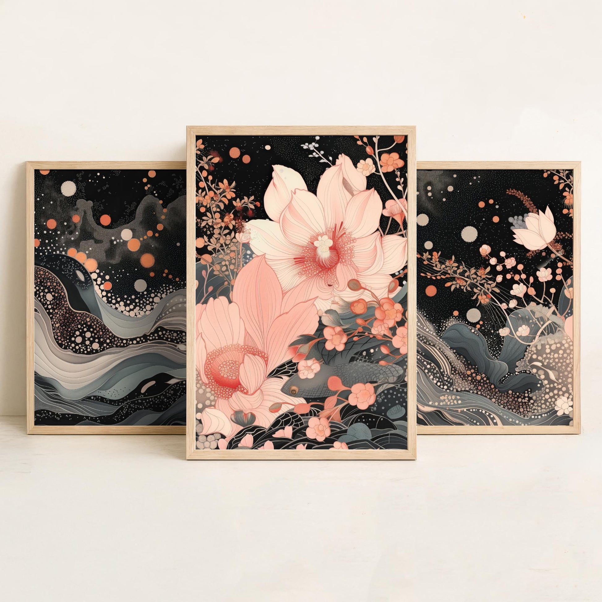 Pink Grey Lotus Set of Three Art Prints - 3 Sparkle Flower Marbled Wave Panels - Japanese Boho Poster Illustration Gift