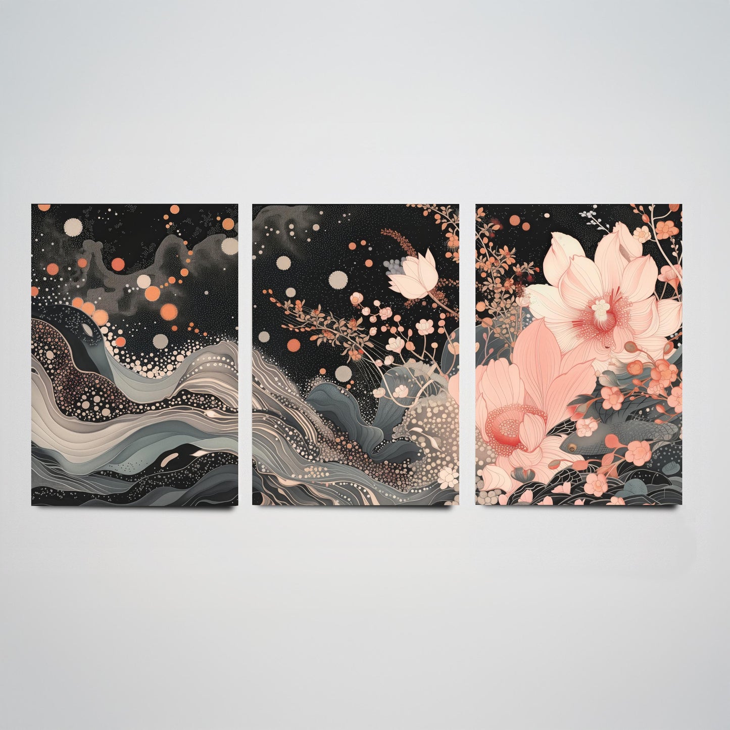 Pink Grey Lotus Set of Three Art Prints - 3 Sparkle Flower Marbled Wave Panels - Japanese Boho Poster Illustration Gift