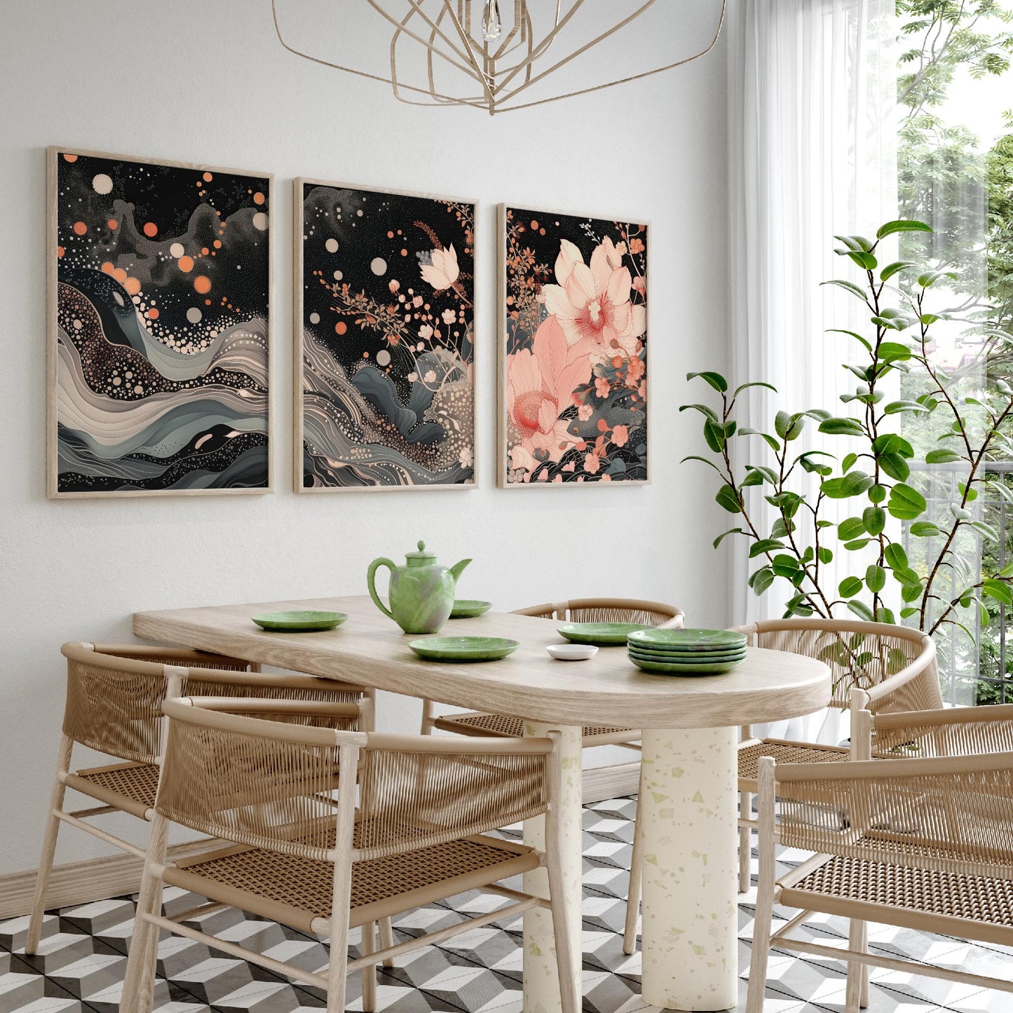Pink Grey Lotus Set of Three Art Prints - 3 Sparkle Flower Marbled Wave Panels - Japanese Boho Poster Illustration Gift