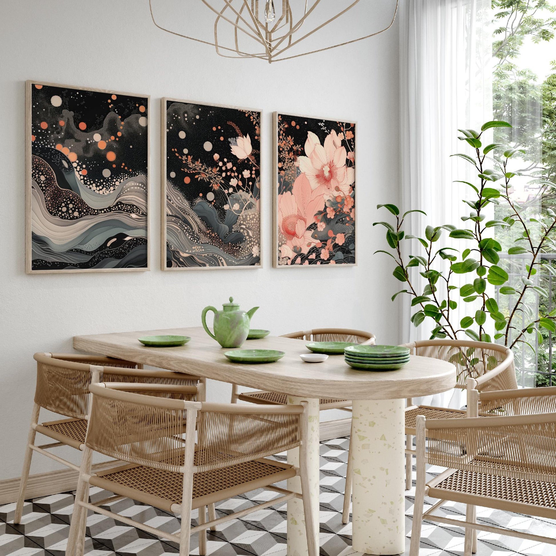 Pink Grey Lotus Set of Three Art Prints - 3 Sparkle Flower Marbled Wave Panels - Japanese Boho Poster Illustration Gift