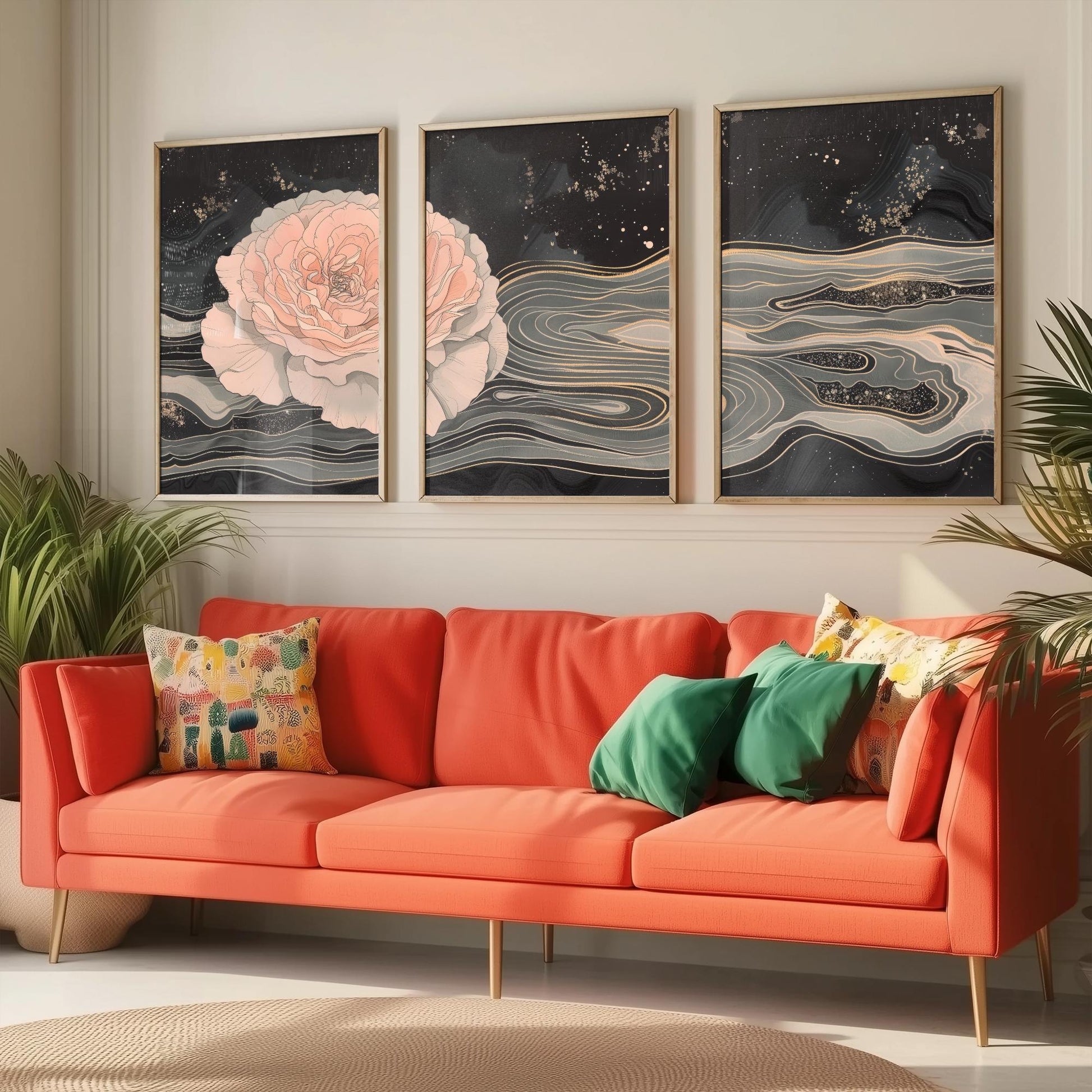 Juliet Rose Set of Three Art Prints - 3 Pink Grey Gold Marbled Flower Panels - Elegant Botanical Poster Illustration Gift