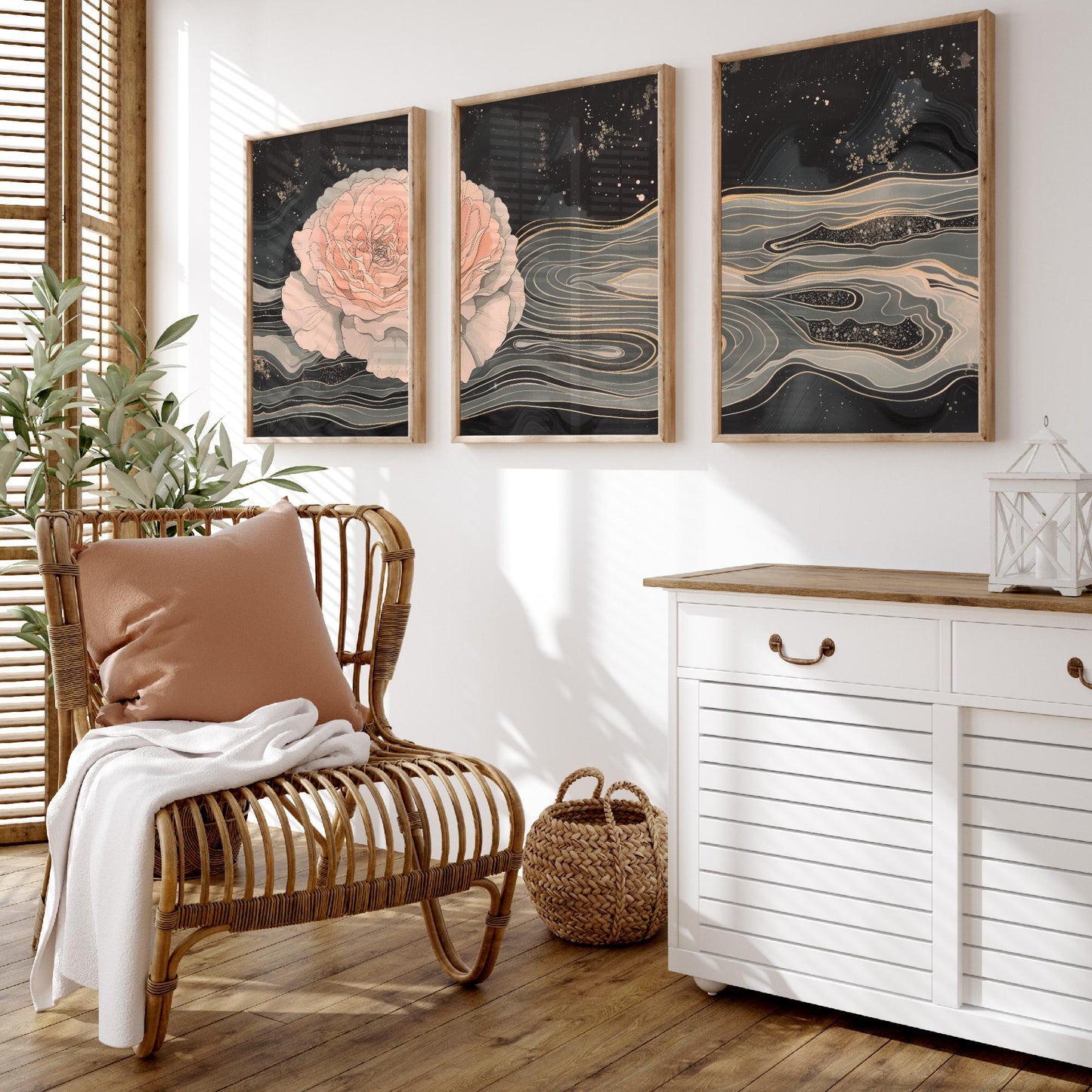Juliet Rose Set of Three Art Prints - 3 Pink Grey Gold Marbled Flower Panels - Elegant Botanical Poster Illustration Gift