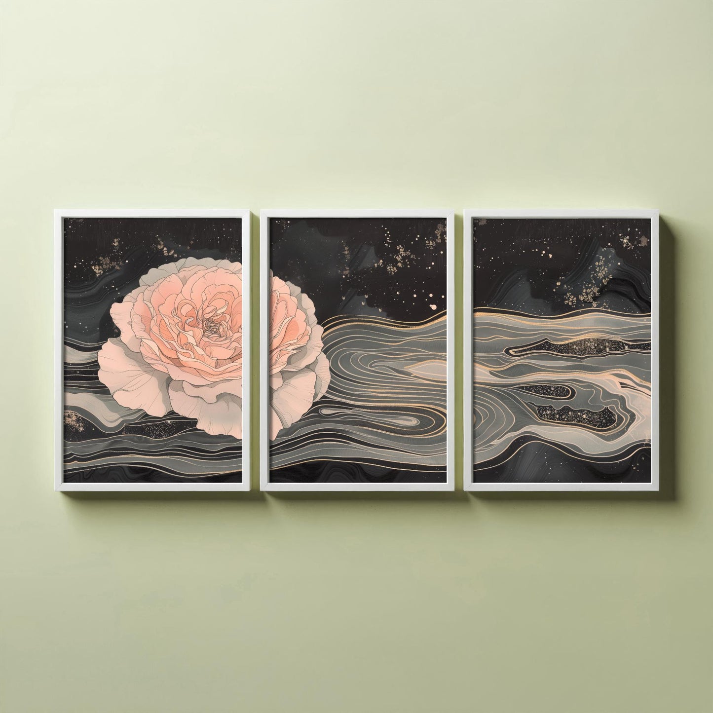 Juliet Rose Set of Three Art Prints - 3 Pink Grey Gold Marbled Flower Panels - Elegant Botanical Poster Illustration Gift
