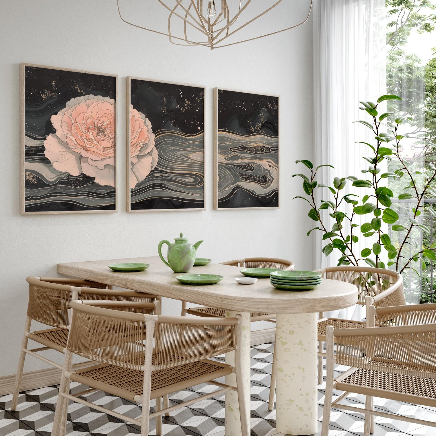 Juliet Rose Set of Three Art Prints - 3 Pink Grey Gold Marbled Flower Panels - Elegant Botanical Poster Illustration Gift