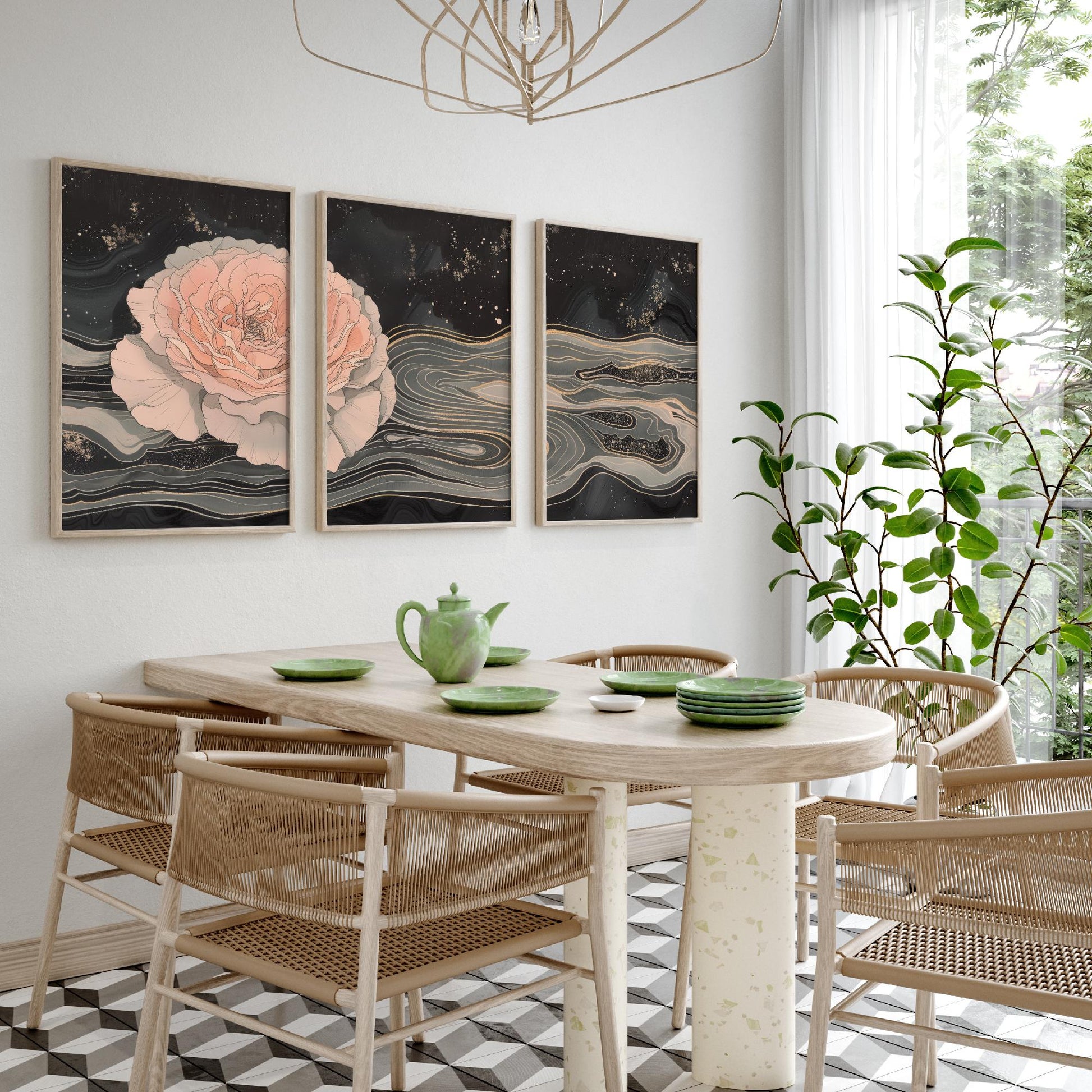 Juliet Rose Set of Three Art Prints - 3 Pink Grey Gold Marbled Flower Panels - Elegant Botanical Poster Illustration Gift