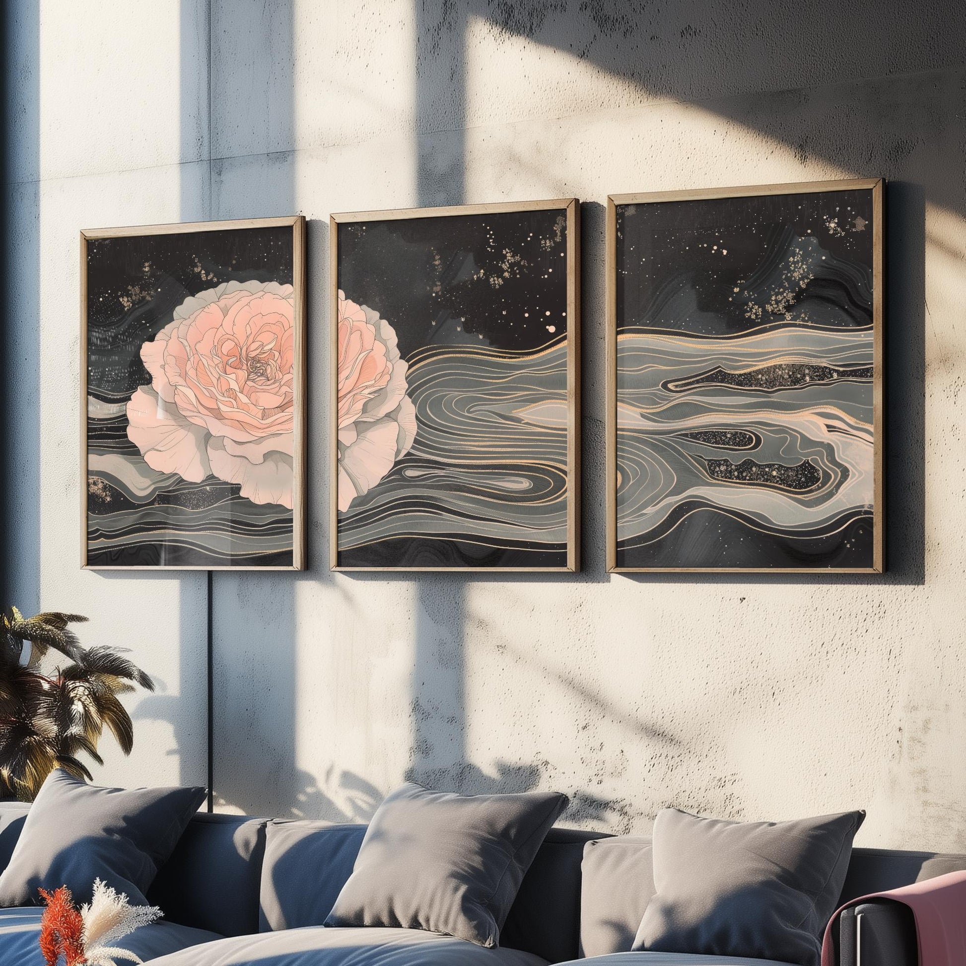Juliet Rose Set of Three Art Prints - 3 Pink Grey Gold Marbled Flower Panels - Elegant Botanical Poster Illustration Gift