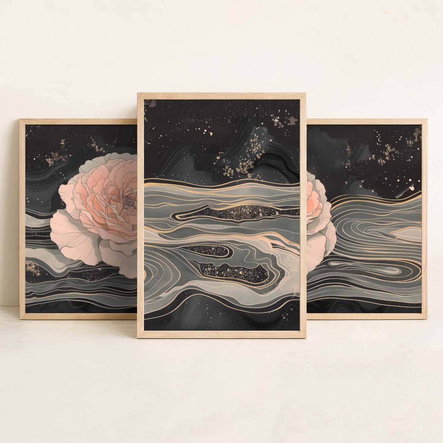 Juliet Rose Set of Three Art Prints - 3 Pink Grey Gold Marbled Flower Panels - Elegant Botanical Poster Illustration Gift