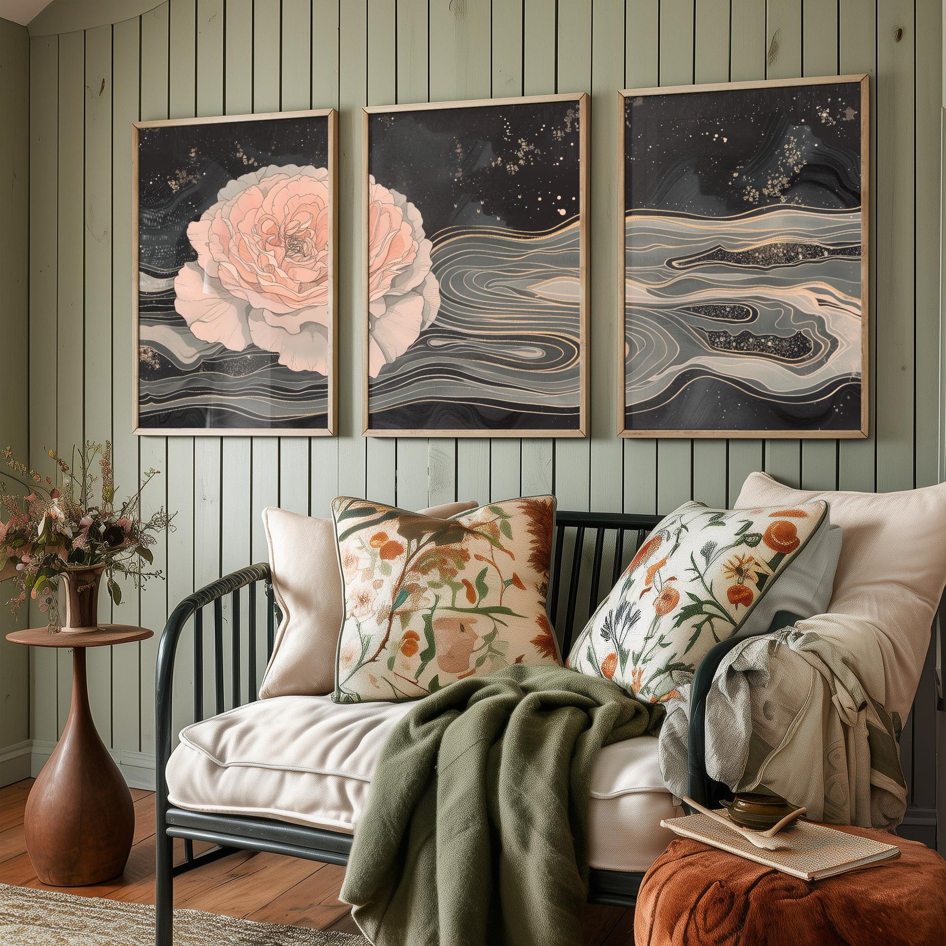 Juliet Rose Set of Three Art Prints - 3 Pink Grey Gold Marbled Flower Panels - Elegant Botanical Poster Illustration Gift
