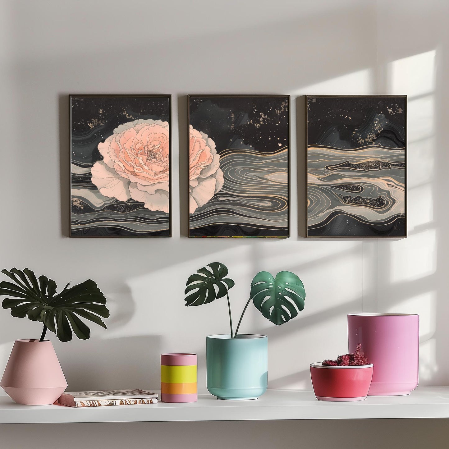 Juliet Rose Set of Three Art Prints - 3 Pink Grey Gold Marbled Flower Panels - Elegant Botanical Poster Illustration Gift