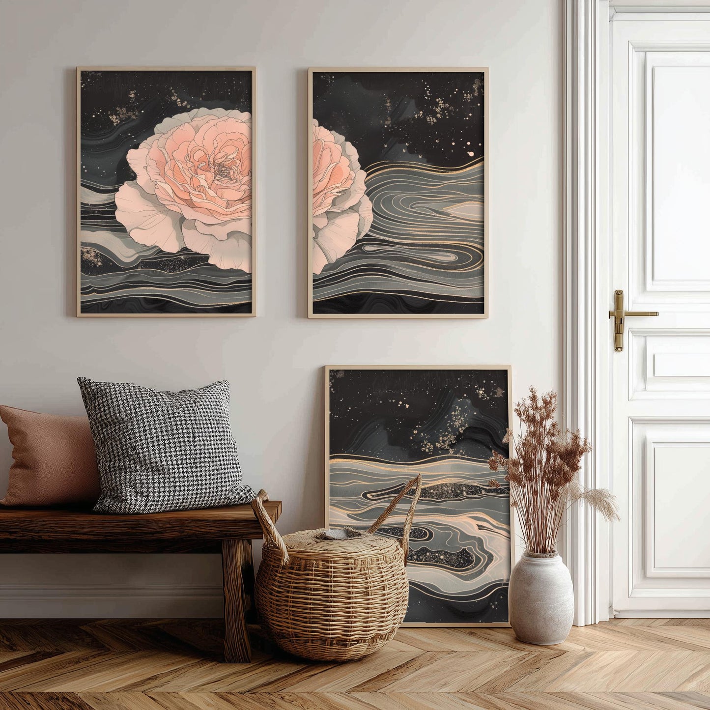 Juliet Rose Set of Three Art Prints - 3 Pink Grey Gold Marbled Flower Panels - Elegant Botanical Poster Illustration Gift