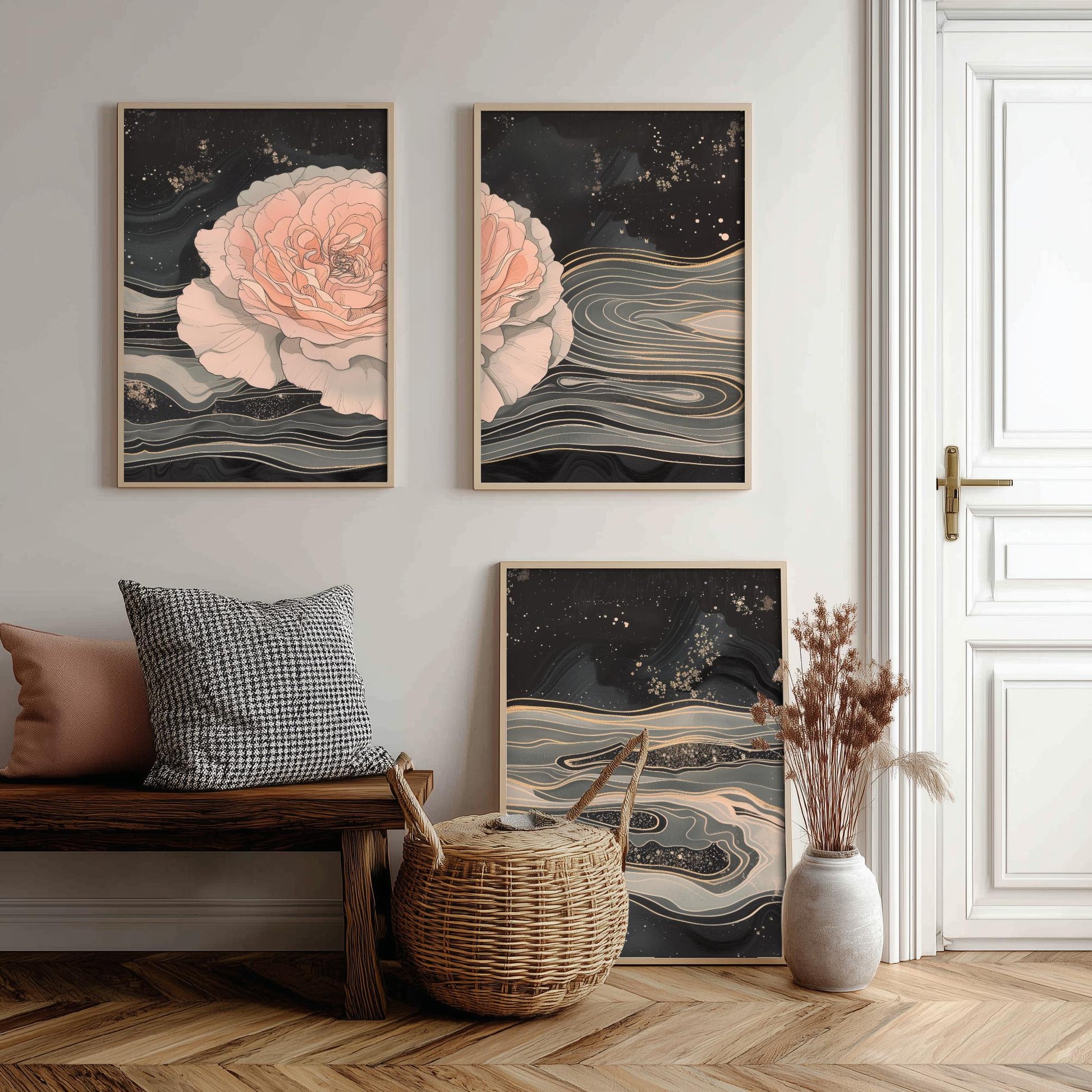 Juliet Rose Set of Three Art Prints - 3 Pink Grey Gold Marbled Flower Panels - Elegant Botanical Poster Illustration Gift