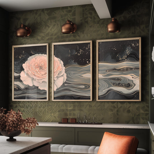 Juliet Rose Set of Three Art Prints - 3 Pink Grey Gold Marbled Flower Panels - Elegant Botanical Poster Illustration Gift