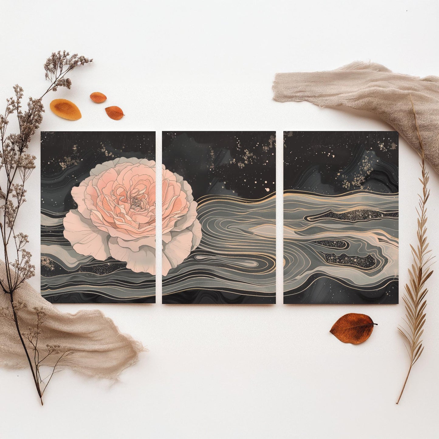 Juliet Rose Set of Three Art Prints - 3 Pink Grey Gold Marbled Flower Panels - Elegant Botanical Poster Illustration Gift