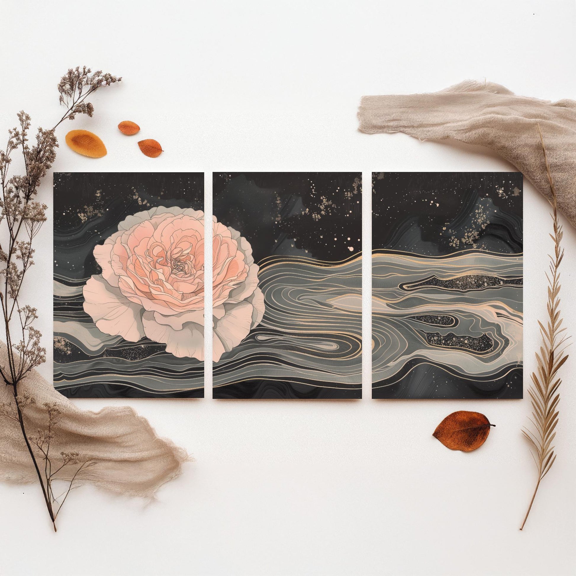 Juliet Rose Set of Three Art Prints - 3 Pink Grey Gold Marbled Flower Panels - Elegant Botanical Poster Illustration Gift