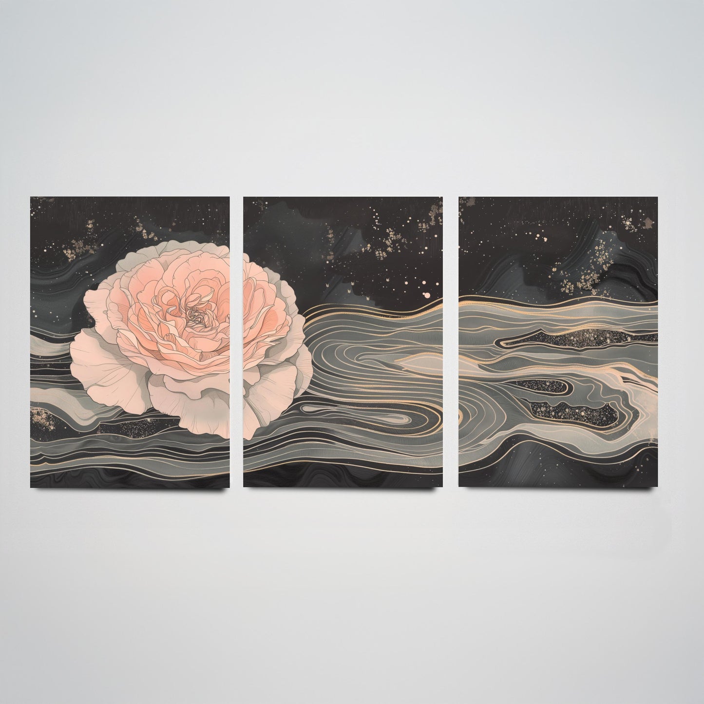 Juliet Rose Set of Three Art Prints - 3 Pink Grey Gold Marbled Flower Panels - Elegant Botanical Poster Illustration Gift