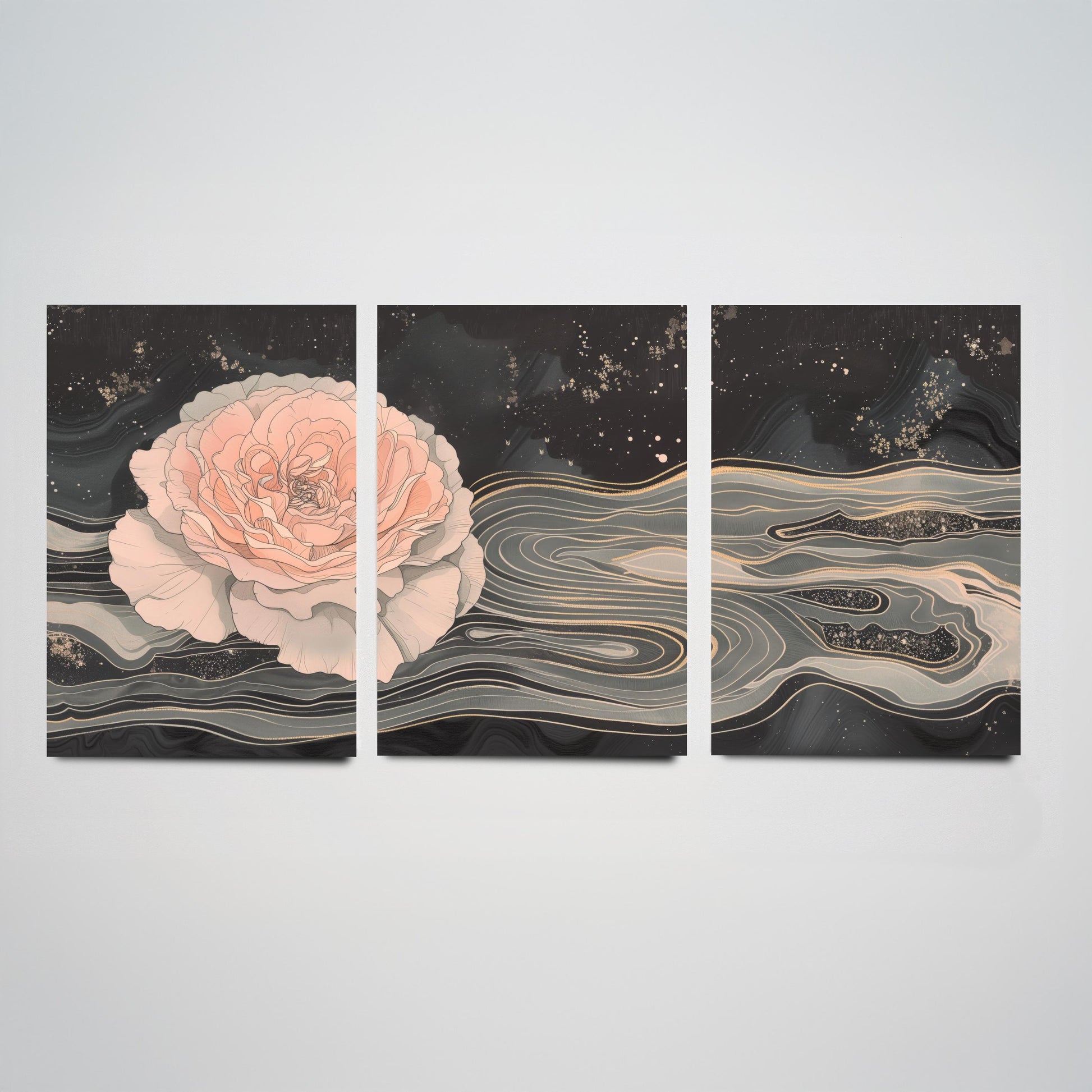 Juliet Rose Set of Three Art Prints - 3 Pink Grey Gold Marbled Flower Panels - Elegant Botanical Poster Illustration Gift
