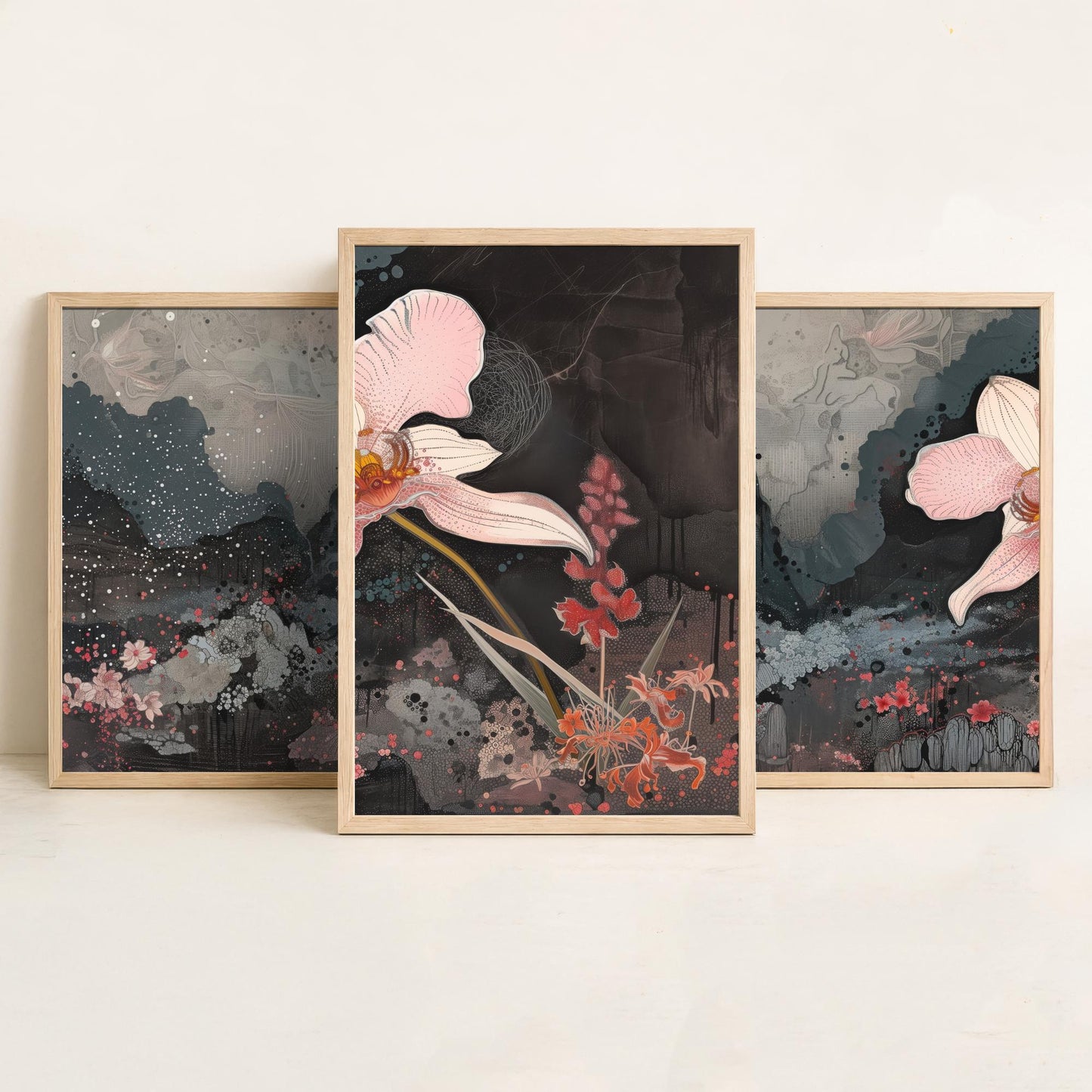 Pink and Grey Volcano Flower Set of Three Art Prints - 3 Botanical Lily Panels - Wall Art Poster Illustration Gift pinkbrot