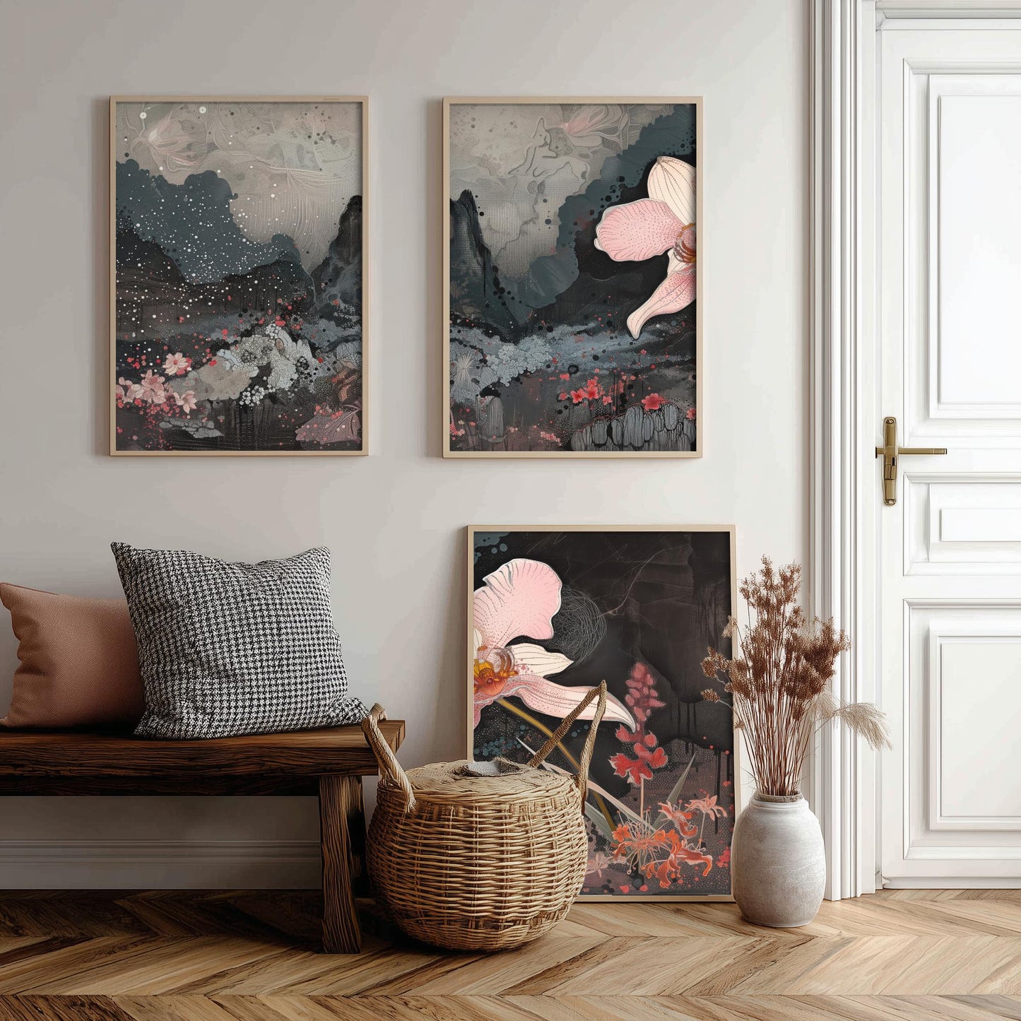 Pink and Grey Volcano Flower Set of Three Art Prints - 3 Botanical Lily Panels - Wall Art Poster Illustration Gift pinkbrot