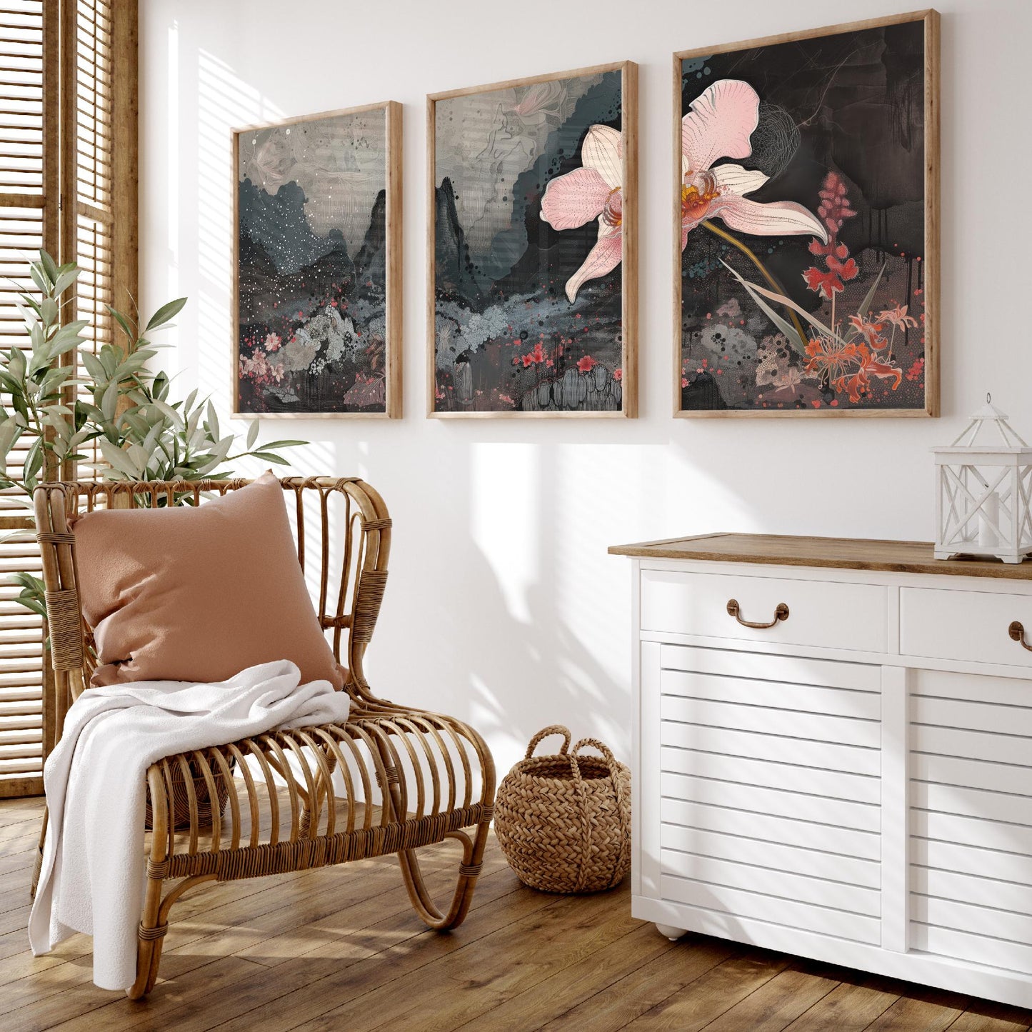 Pink and Grey Volcano Flower Set of Three Art Prints - 3 Botanical Lily Panels - Wall Art Poster Illustration Gift pinkbrot