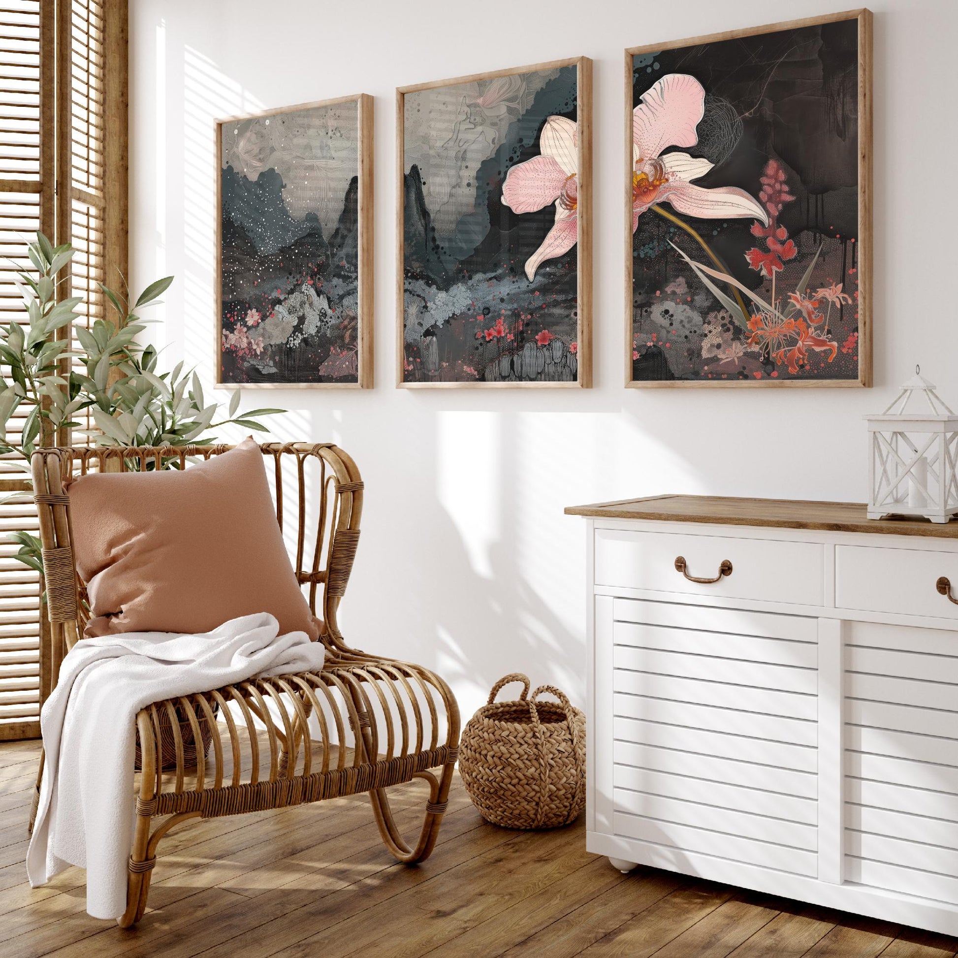 Pink and Grey Volcano Flower Set of Three Art Prints - 3 Botanical Lily Panels - Wall Art Poster Illustration Gift pinkbrot