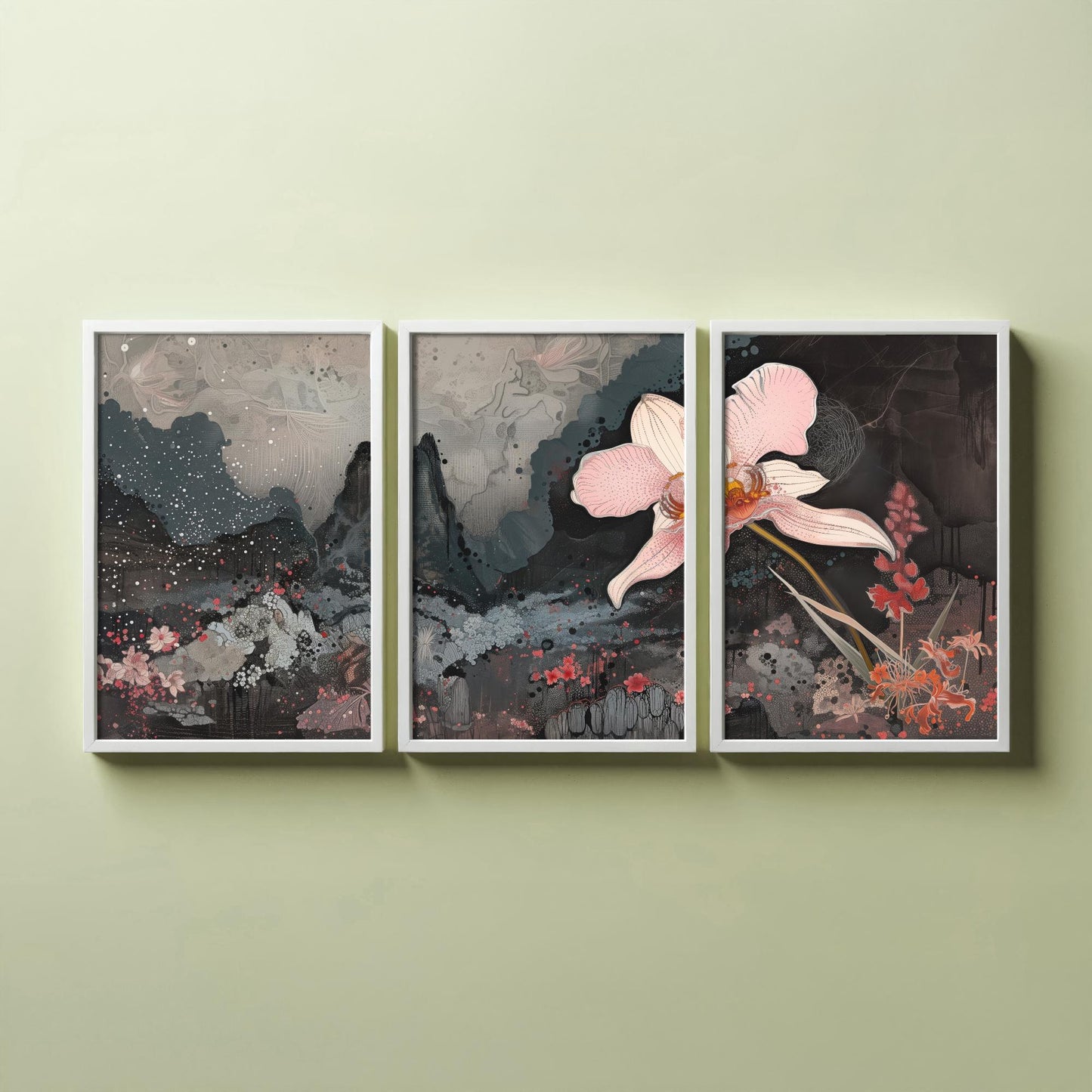 Pink and Grey Volcano Flower Set of Three Art Prints - 3 Botanical Lily Panels - Wall Art Poster Illustration Gift pinkbrot