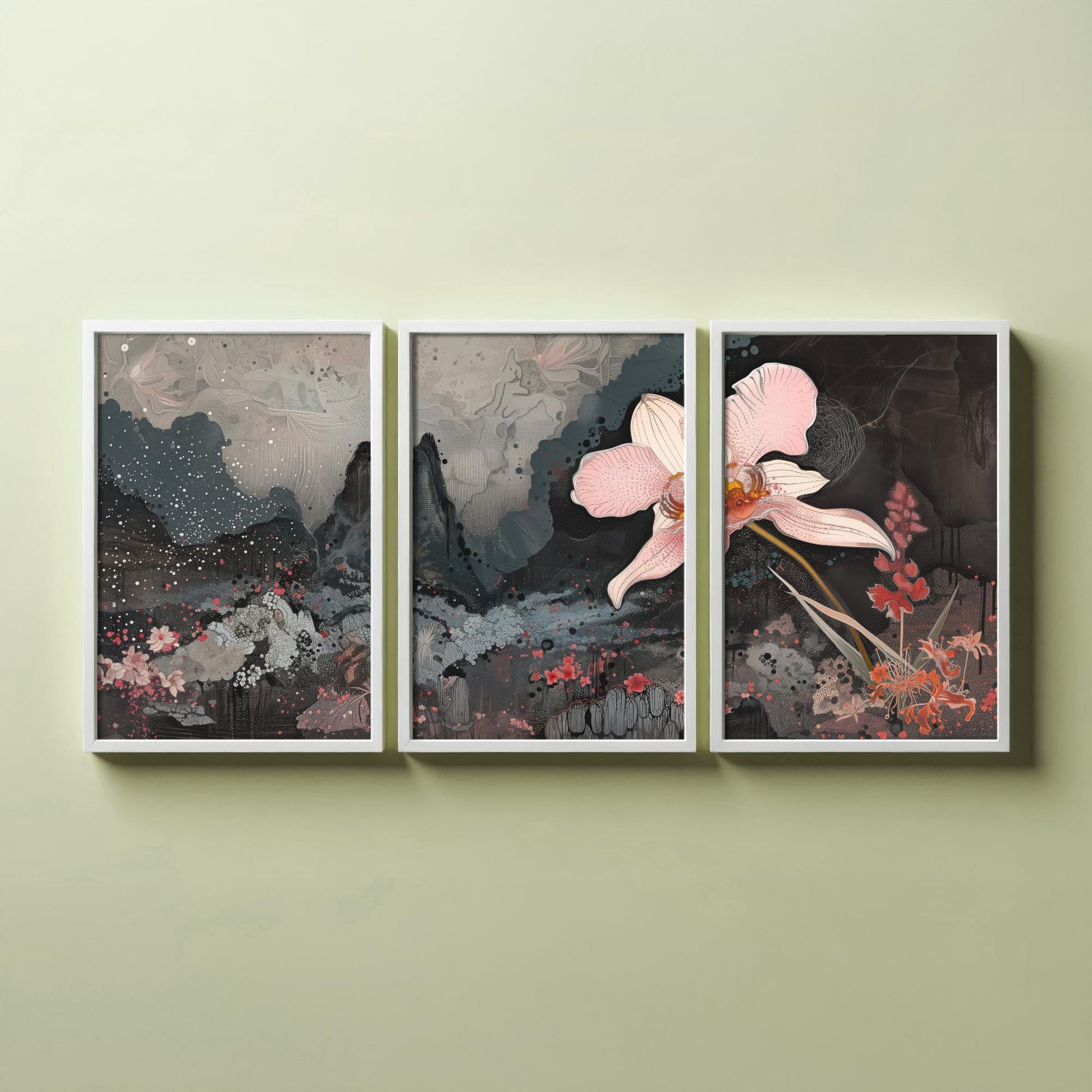 Pink and Grey Volcano Flower Set of Three Art Prints - 3 Botanical Lily Panels - Wall Art Poster Illustration Gift pinkbrot