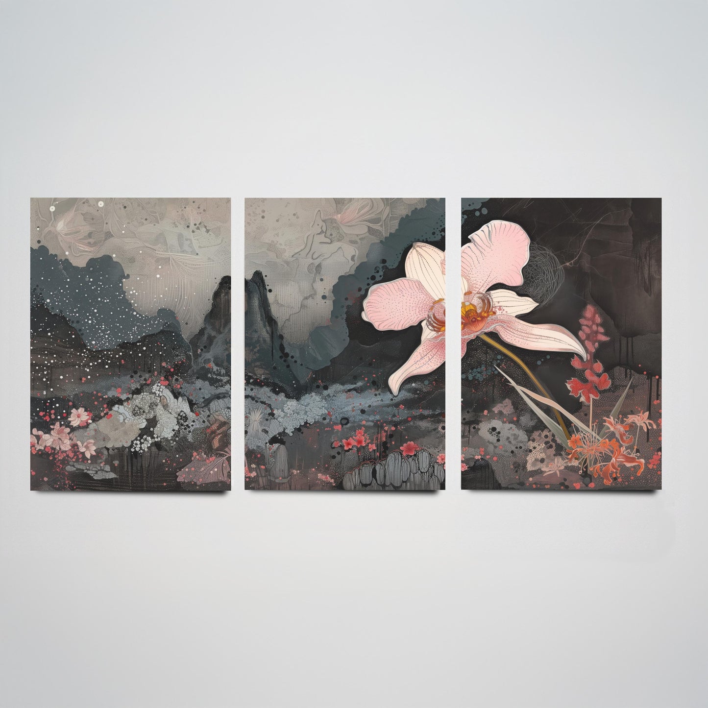 Pink and Grey Volcano Flower Set of Three Art Prints - 3 Botanical Lily Panels - Wall Art Poster Illustration Gift pinkbrot