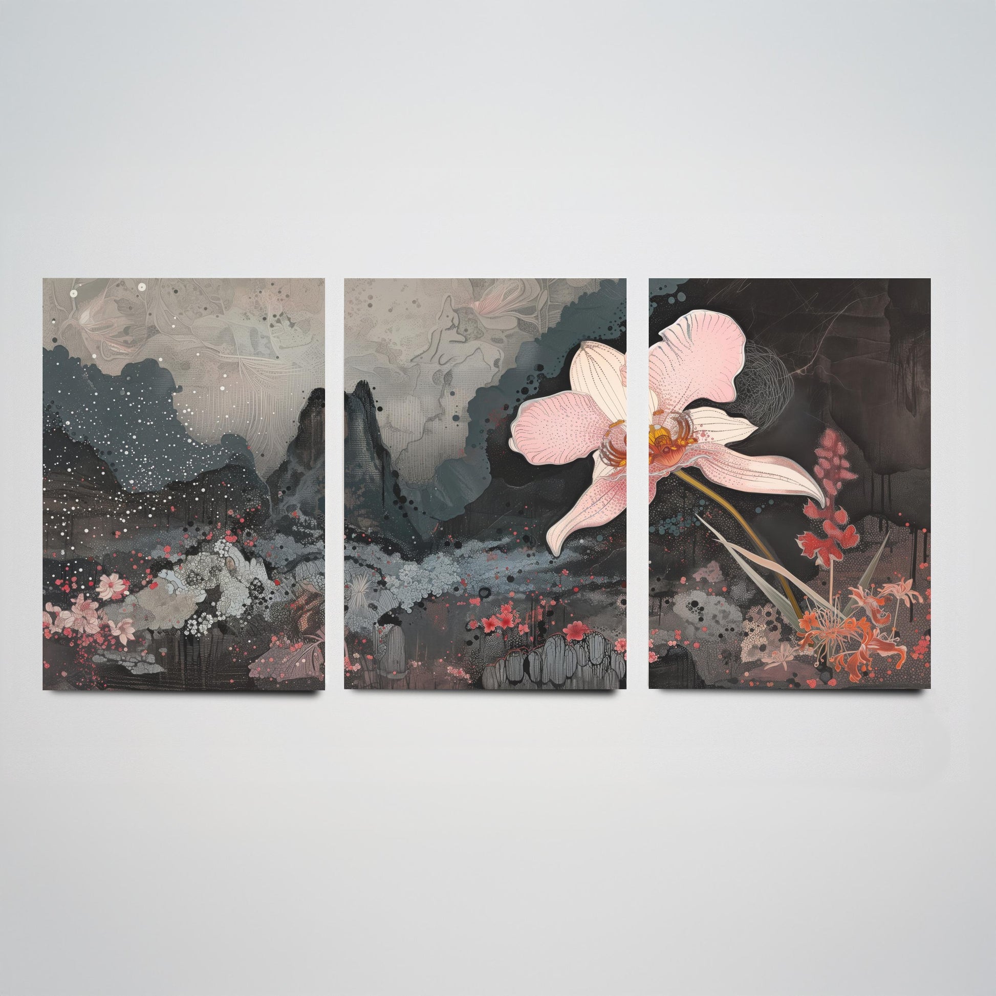Pink and Grey Volcano Flower Set of Three Art Prints - 3 Botanical Lily Panels - Wall Art Poster Illustration Gift pinkbrot