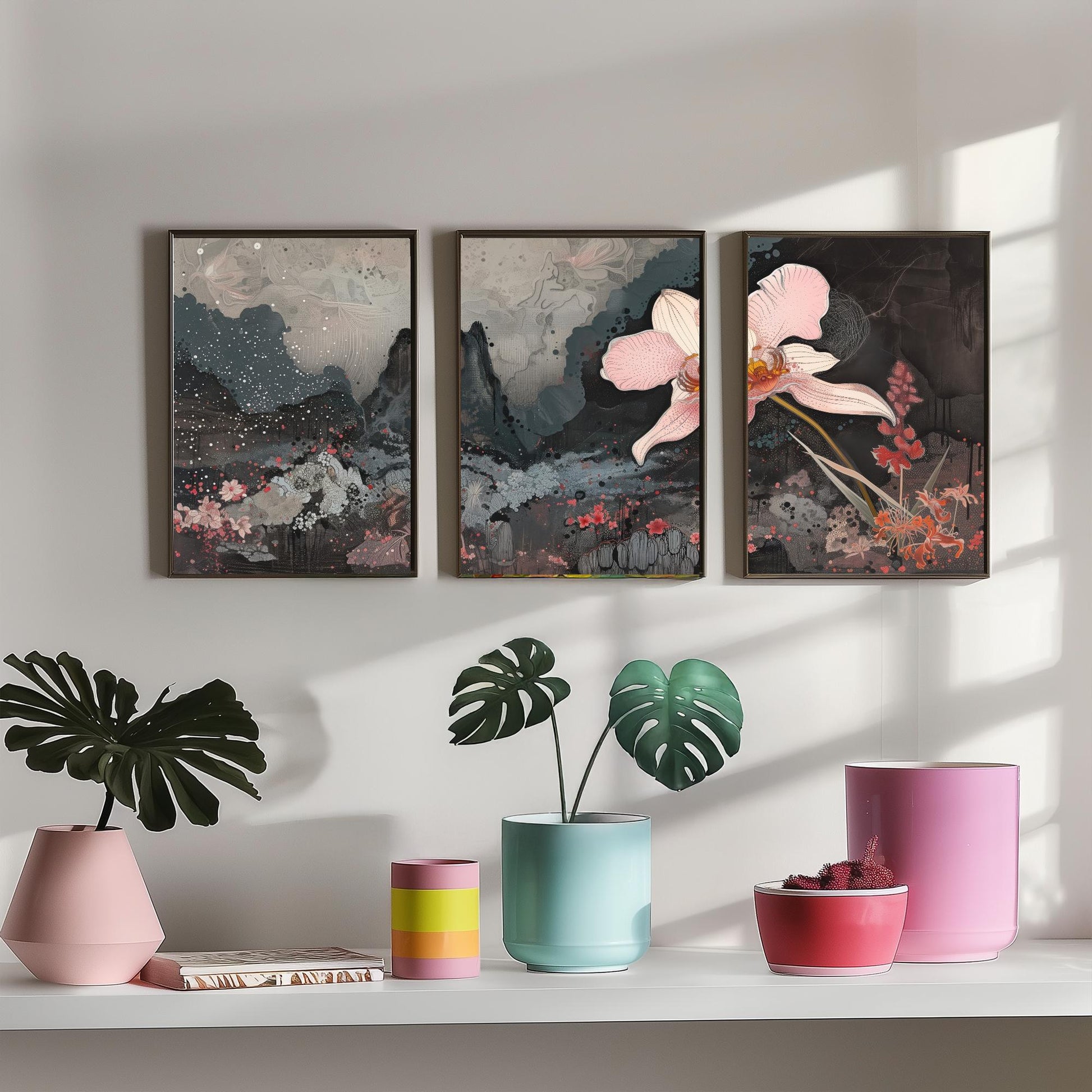 Pink and Grey Volcano Flower Set of Three Art Prints - 3 Botanical Lily Panels - Wall Art Poster Illustration Gift pinkbrot