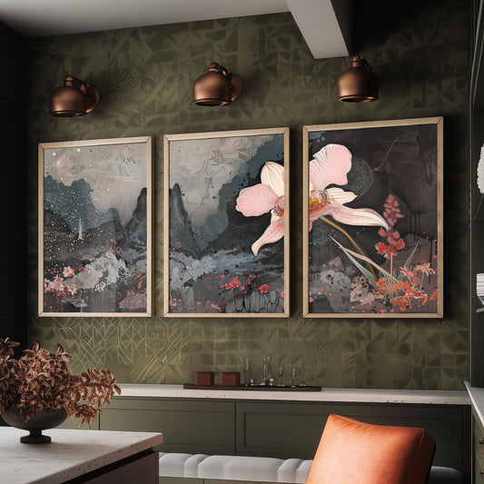 Pink and Grey Volcano Flower Set of Three Art Prints - 3 Botanical Lily Panels - Wall Art Poster Illustration Gift pinkbrot