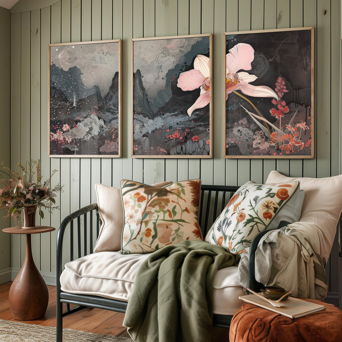 Pink and Grey Volcano Flower Set of Three Art Prints - 3 Botanical Lily Panels - Wall Art Poster Illustration Gift pinkbrot