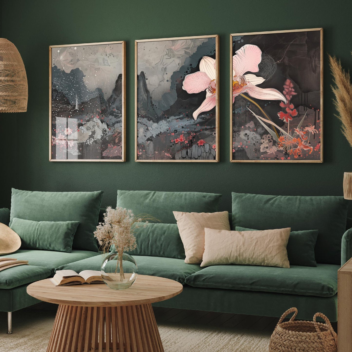 Pink and Grey Volcano Flower Set of Three Art Prints - 3 Botanical Lily Panels - Wall Art Poster Illustration Gift pinkbrot