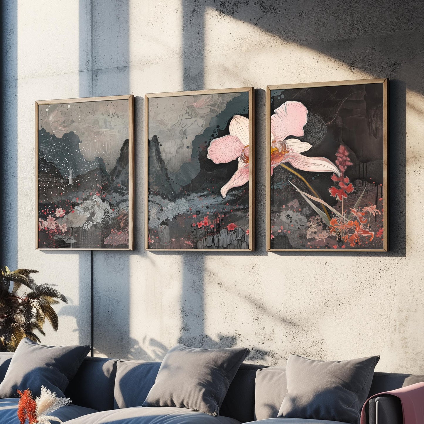 Pink and Grey Volcano Flower Set of Three Art Prints - 3 Botanical Lily Panels - Wall Art Poster Illustration Gift pinkbrot