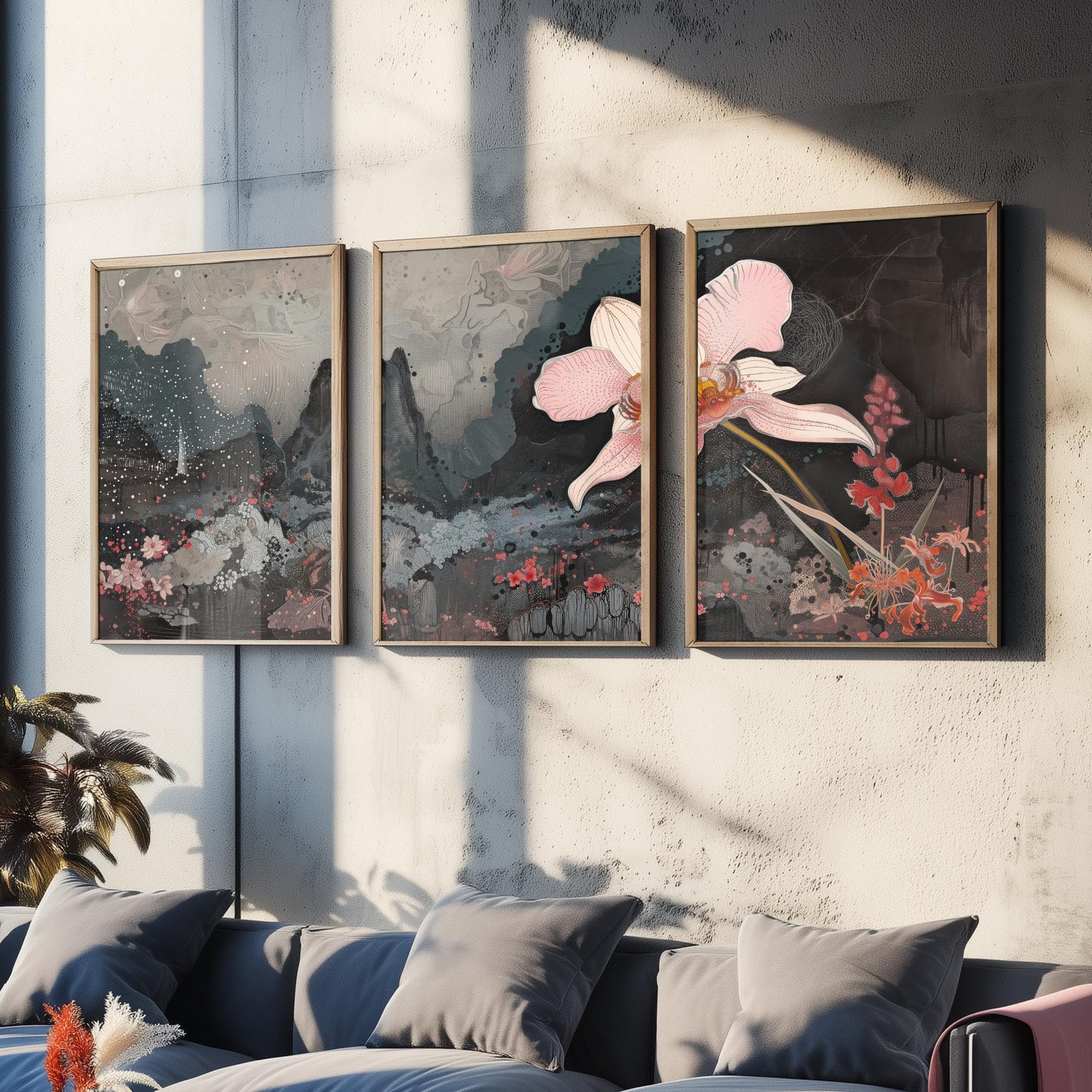 Pink and Grey Volcano Flower Set of Three Art Prints - 3 Botanical Lily Panels - Wall Art Poster Illustration Gift pinkbrot