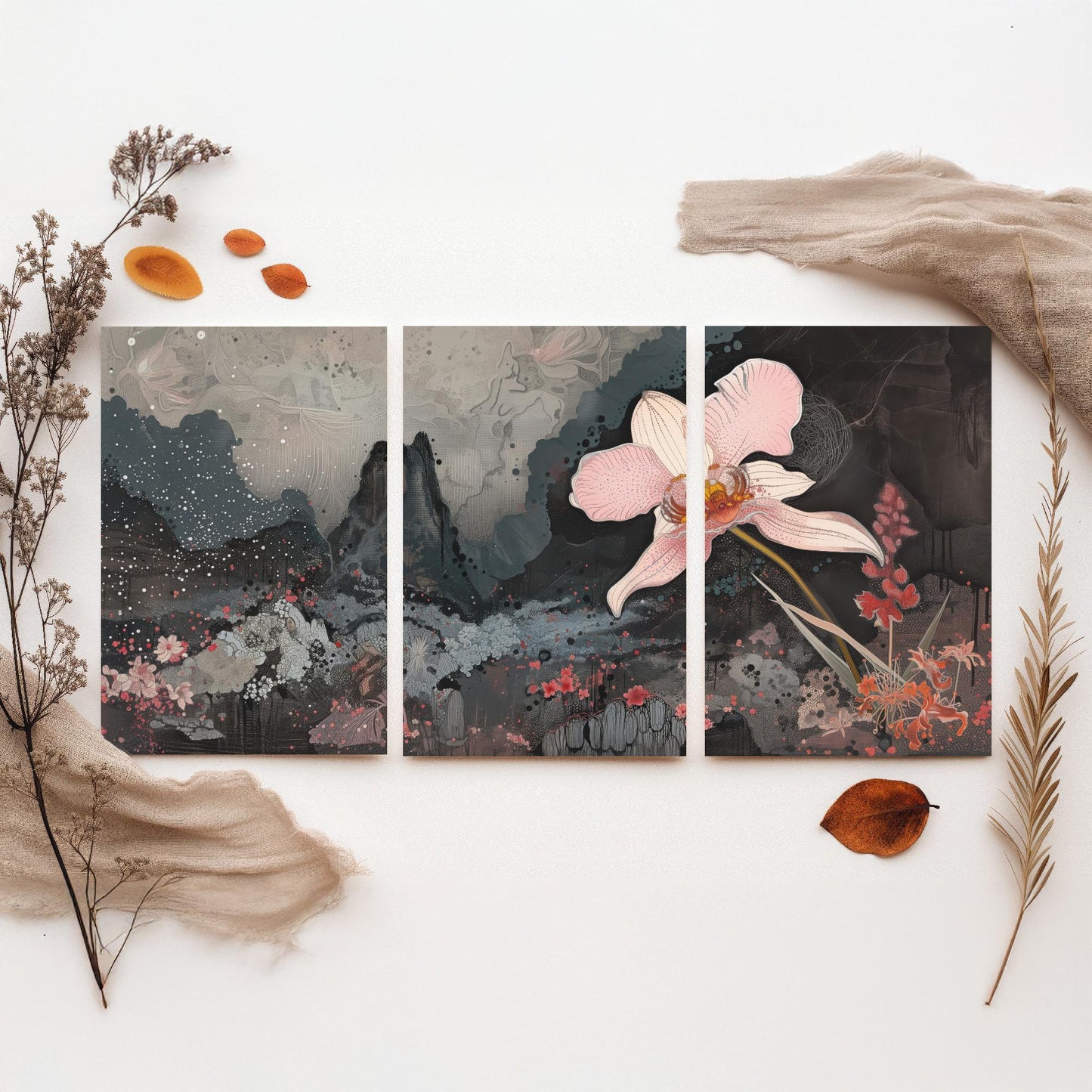 Pink and Grey Volcano Flower Set of Three Art Prints - 3 Botanical Lily Panels - Wall Art Poster Illustration Gift pinkbrot