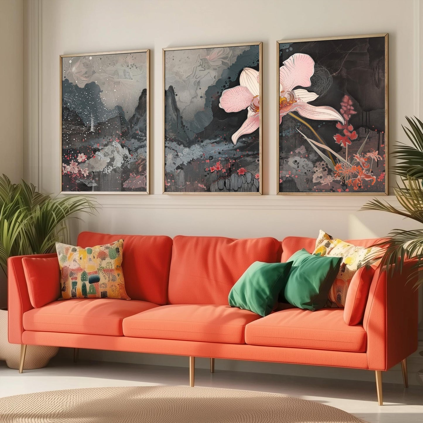 Pink and Grey Volcano Flower Set of Three Art Prints - 3 Botanical Lily Panels - Wall Art Poster Illustration Gift pinkbrot