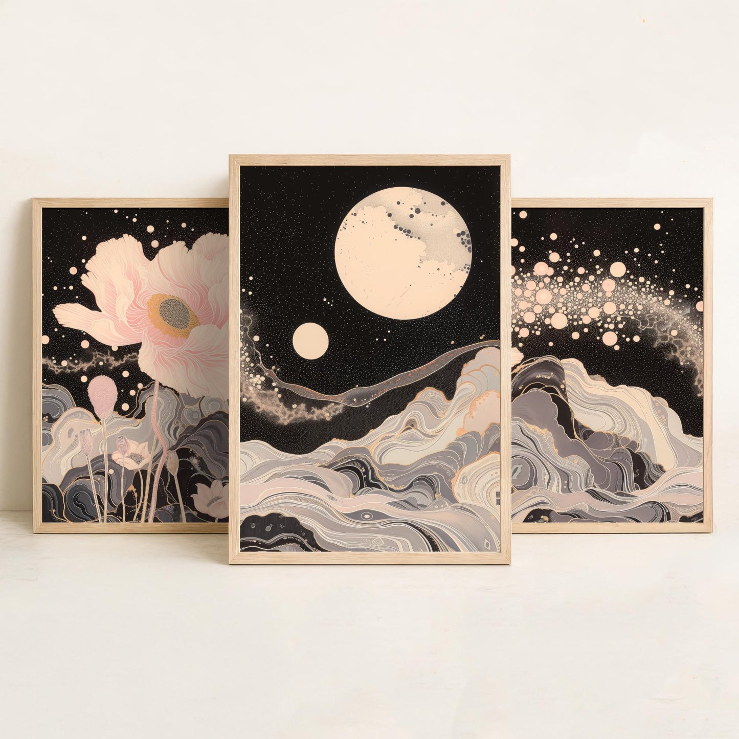 Youtan Poluo Pink and Grey Flower Set of Three Art Prints - 3 Mythical Bloom Moon Panels - Wall Art Poster Illustration pinkbrot