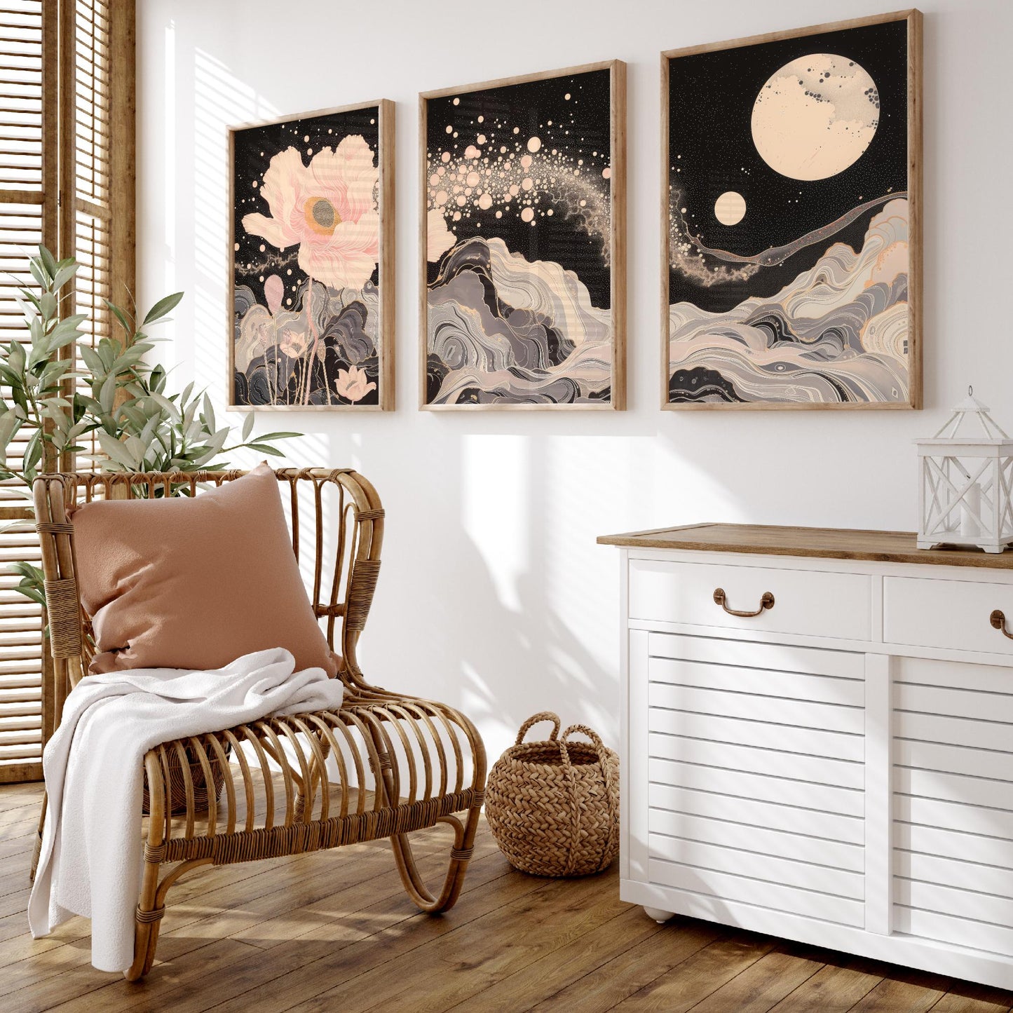 Youtan Poluo Pink and Grey Flower Set of Three Art Prints - 3 Mythical Bloom Moon Panels - Wall Art Poster Illustration pinkbrot