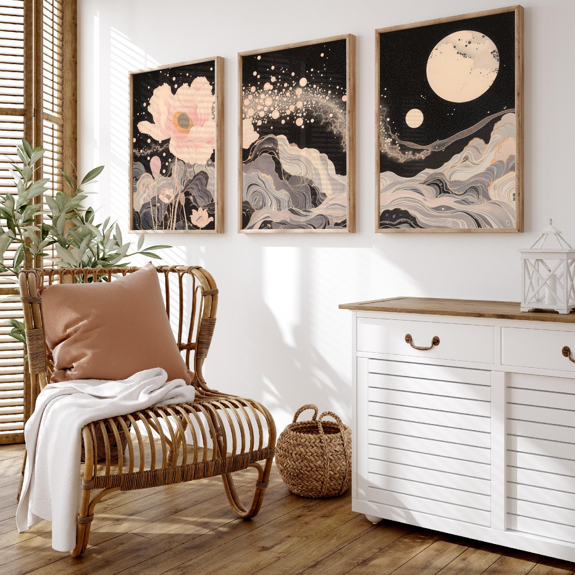 Youtan Poluo Pink and Grey Flower Set of Three Art Prints - 3 Mythical Bloom Moon Panels - Wall Art Poster Illustration pinkbrot