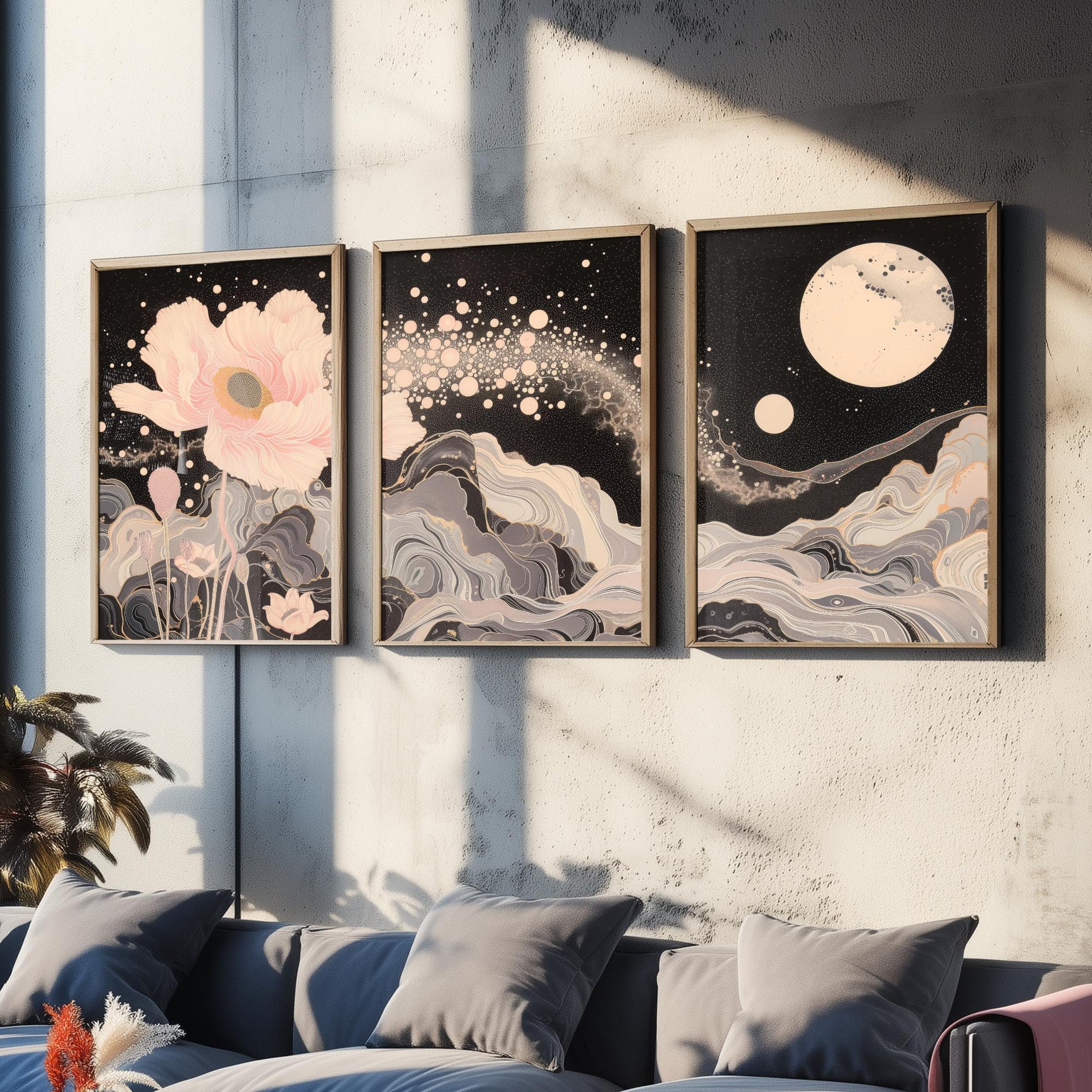 Youtan Poluo Pink and Grey Flower Set of Three Art Prints - 3 Mythical Bloom Moon Panels - Wall Art Poster Illustration pinkbrot