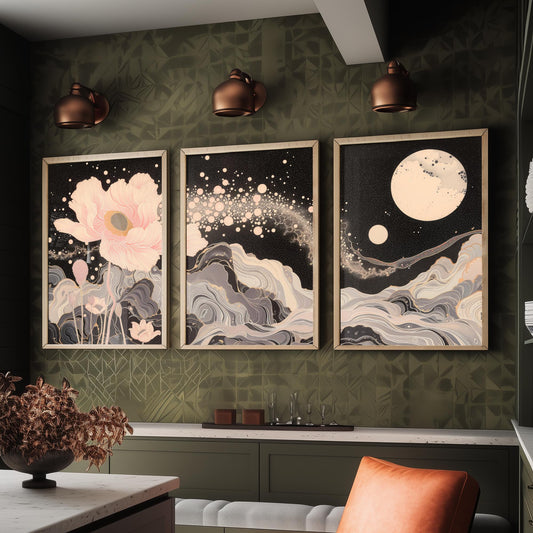 Youtan Poluo Pink and Grey Flower Set of Three Art Prints - 3 Mythical Bloom Moon Panels - Wall Art Poster Illustration pinkbrot
