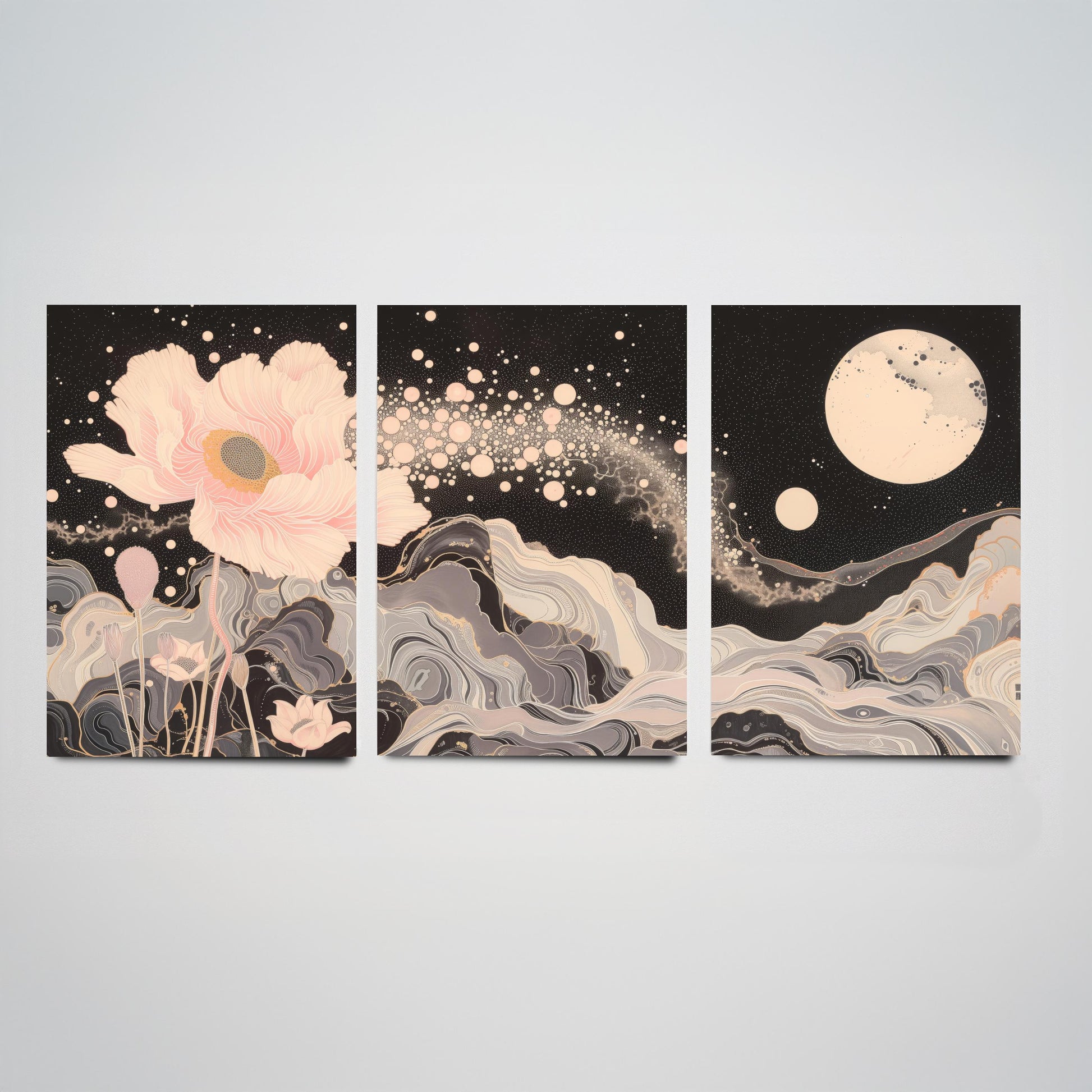 Youtan Poluo Pink and Grey Flower Set of Three Art Prints - 3 Mythical Bloom Moon Panels - Wall Art Poster Illustration pinkbrot
