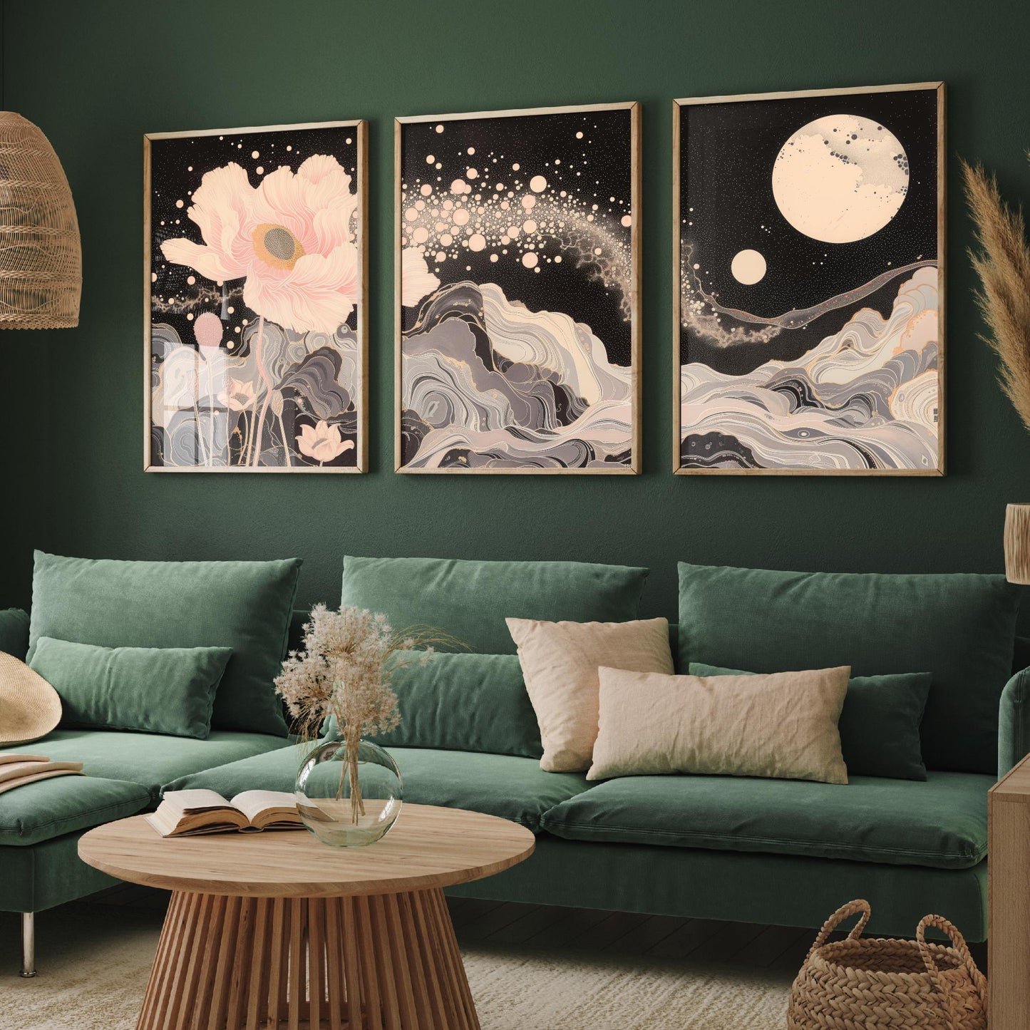 Youtan Poluo Pink and Grey Flower Set of Three Art Prints - 3 Mythical Bloom Moon Panels - Wall Art Poster Illustration pinkbrot